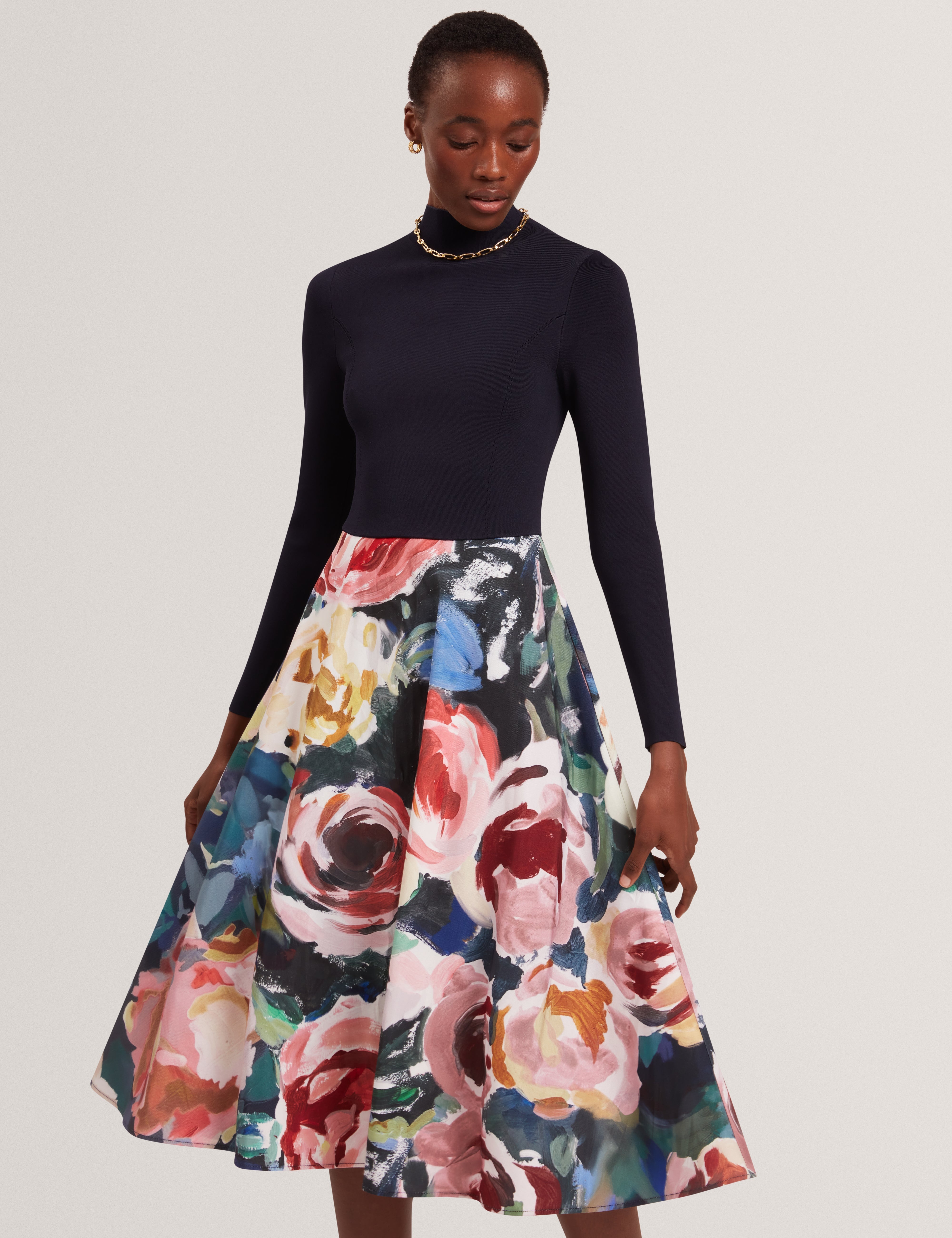 Patriia Midi Dress With Printed Ottoman Skirt Navy