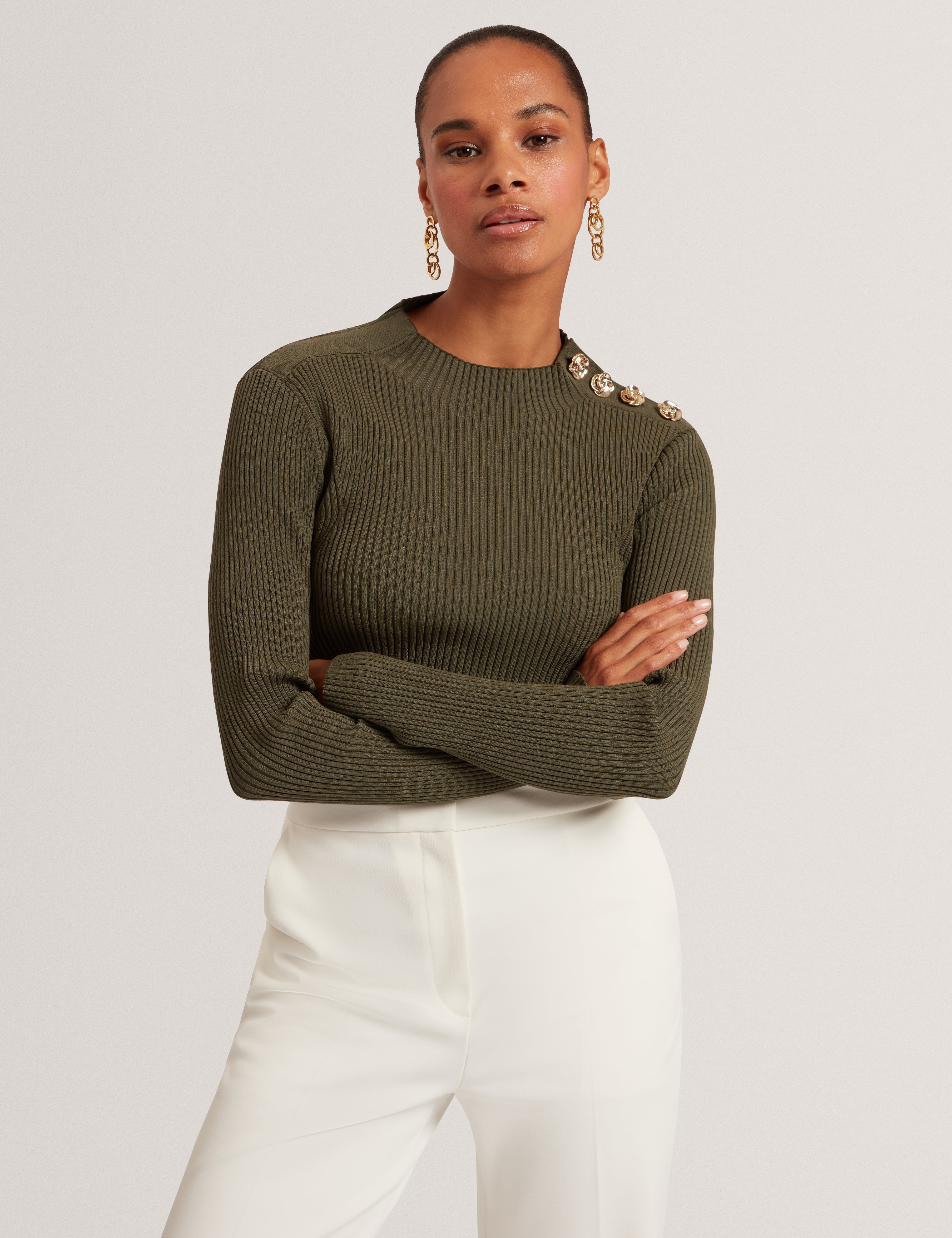 Bleana Rose Button Detail Long Sleeve Knitted T Dk-Green