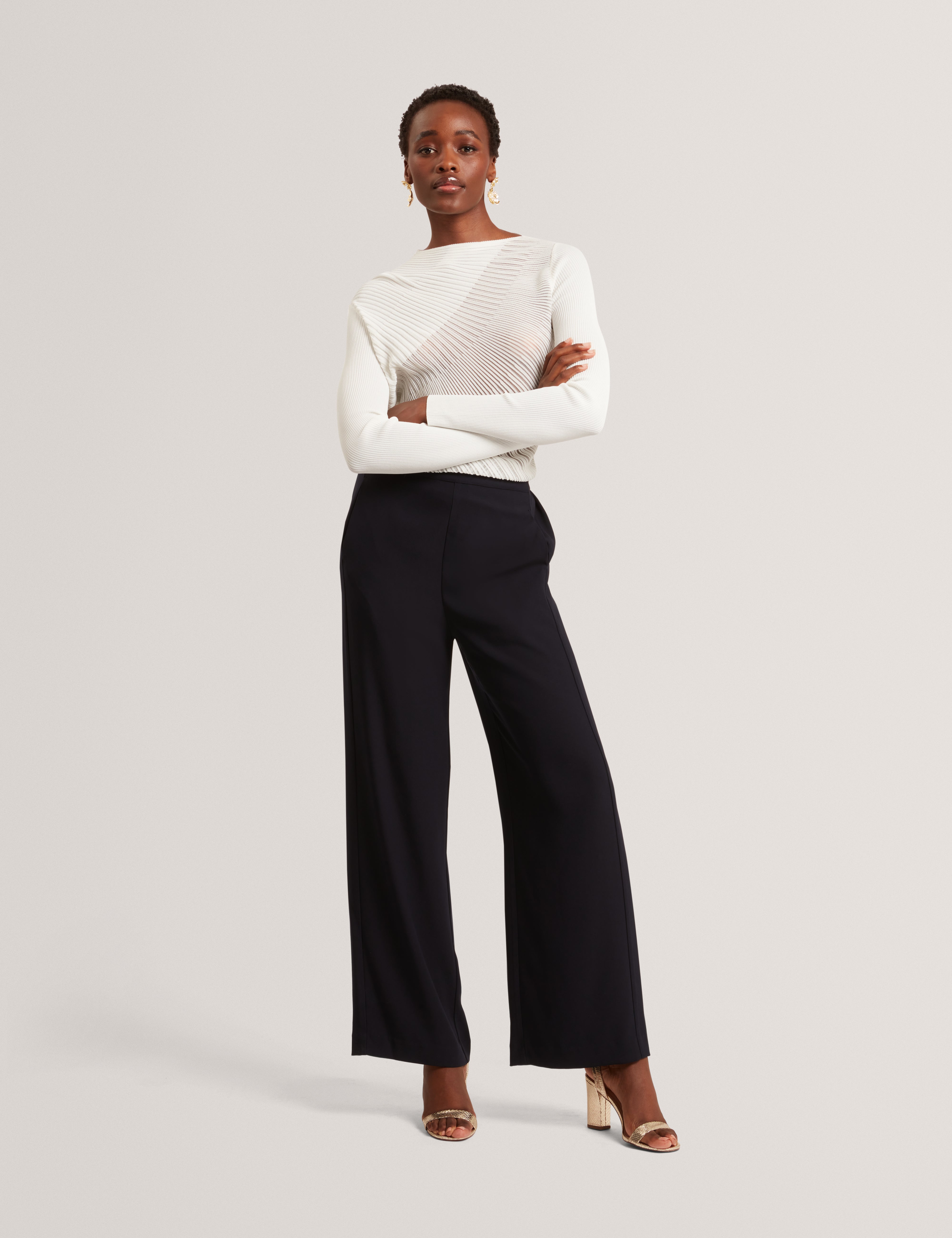Ceyloa Long Sleeve Sheer Detail Knit Top White