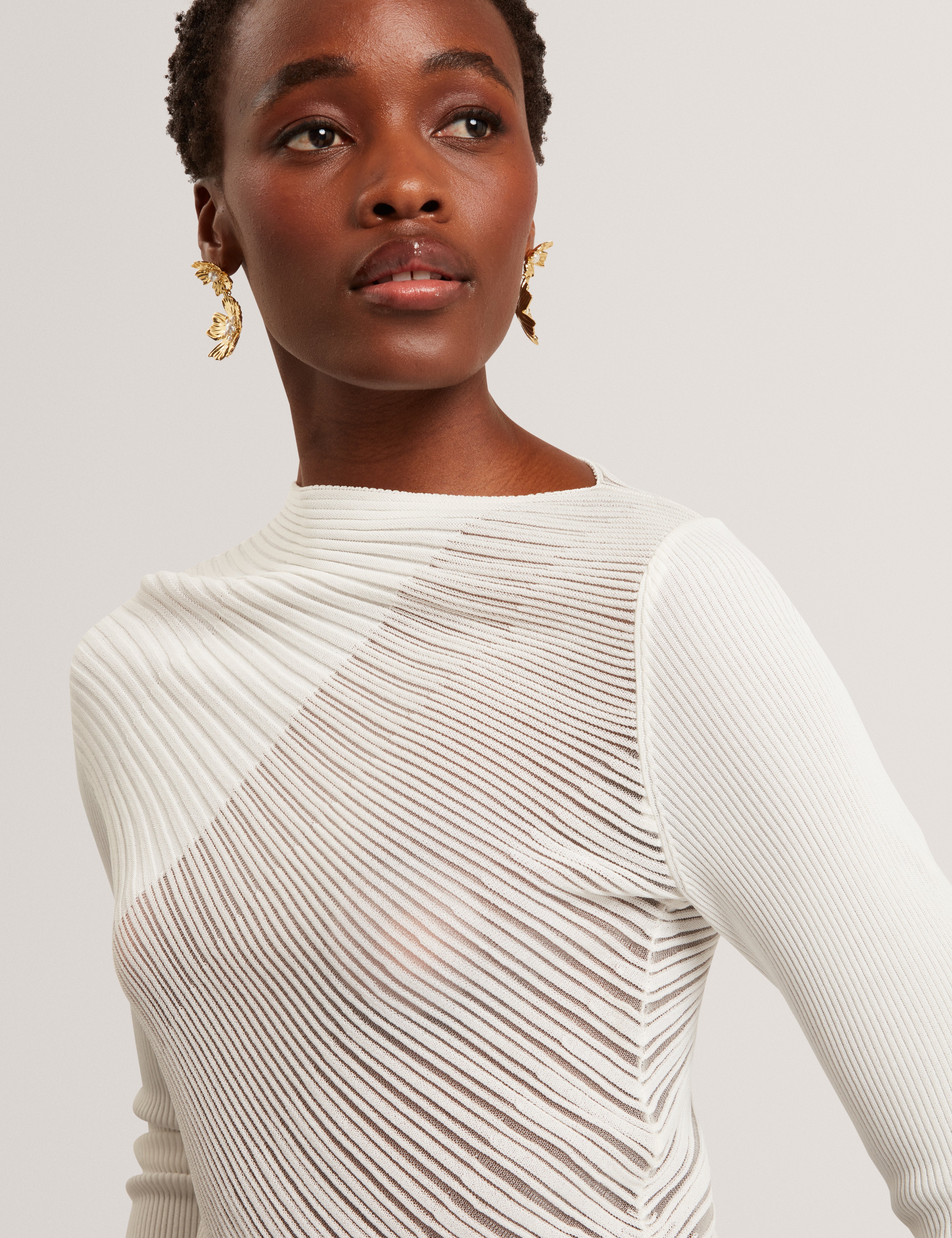 Ceyloa Long Sleeve Sheer Detail Knit Top White