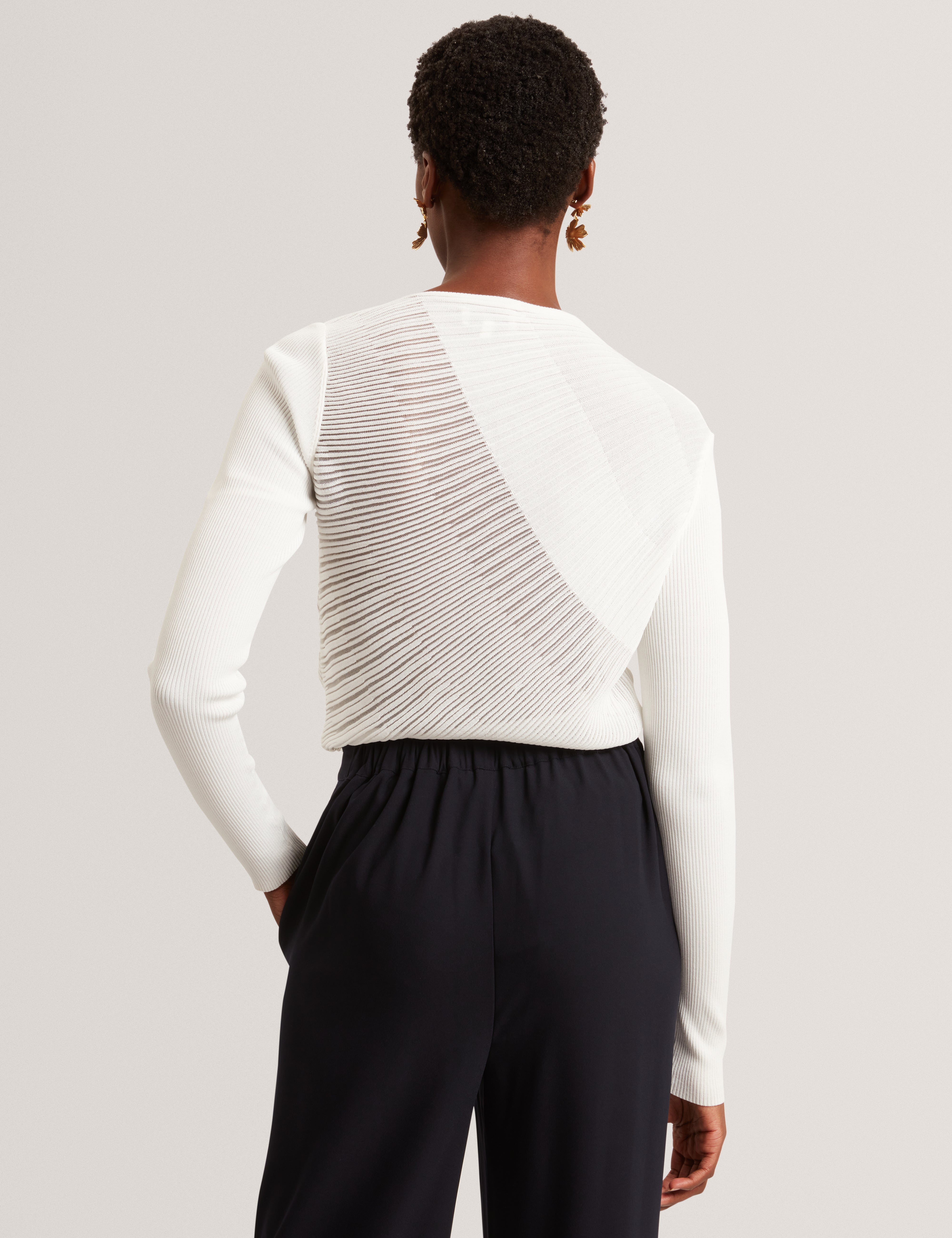 Ceyloa Long Sleeve Sheer Detail Knit Top White