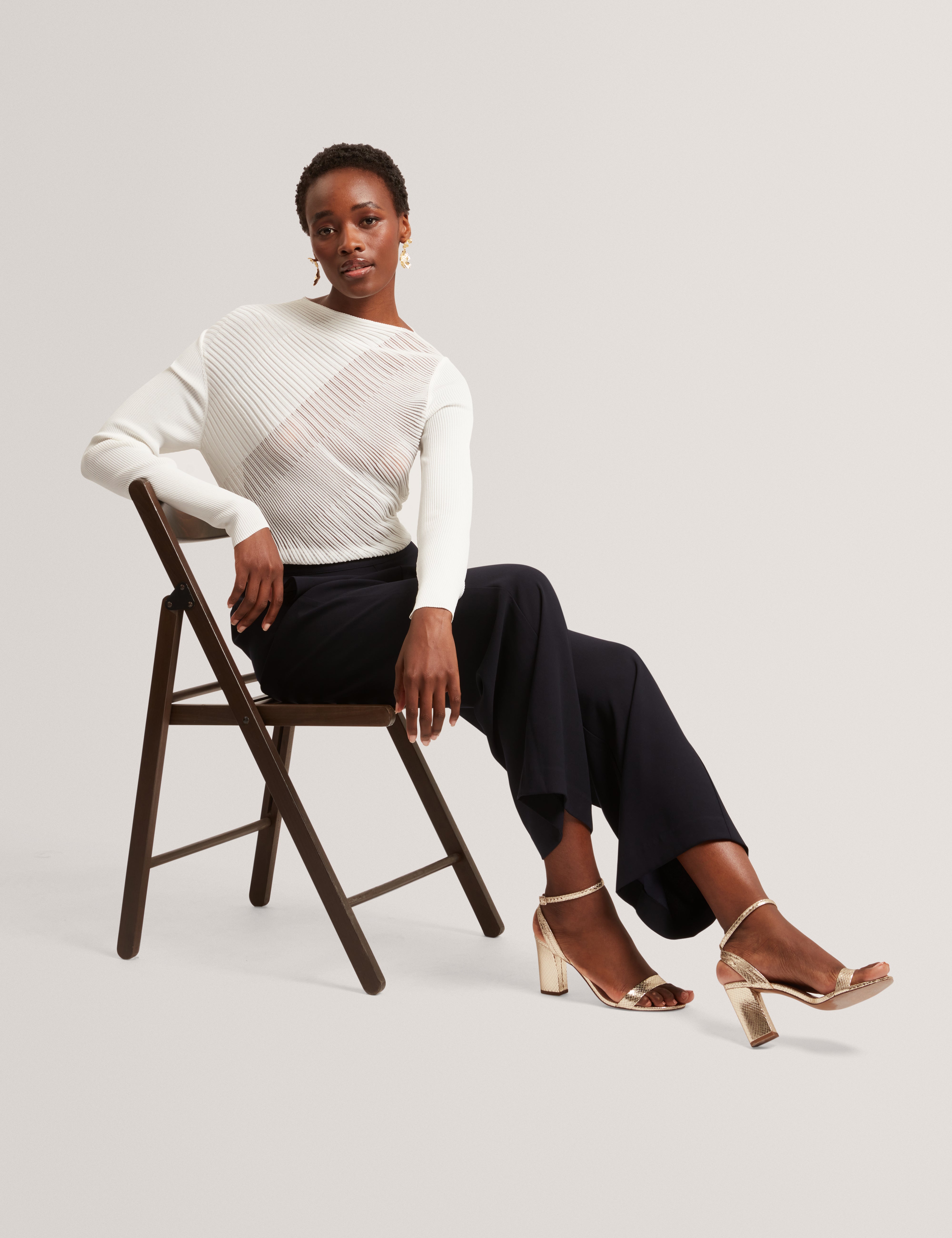 Ceyloa Long Sleeve Sheer Detail Knit Top White