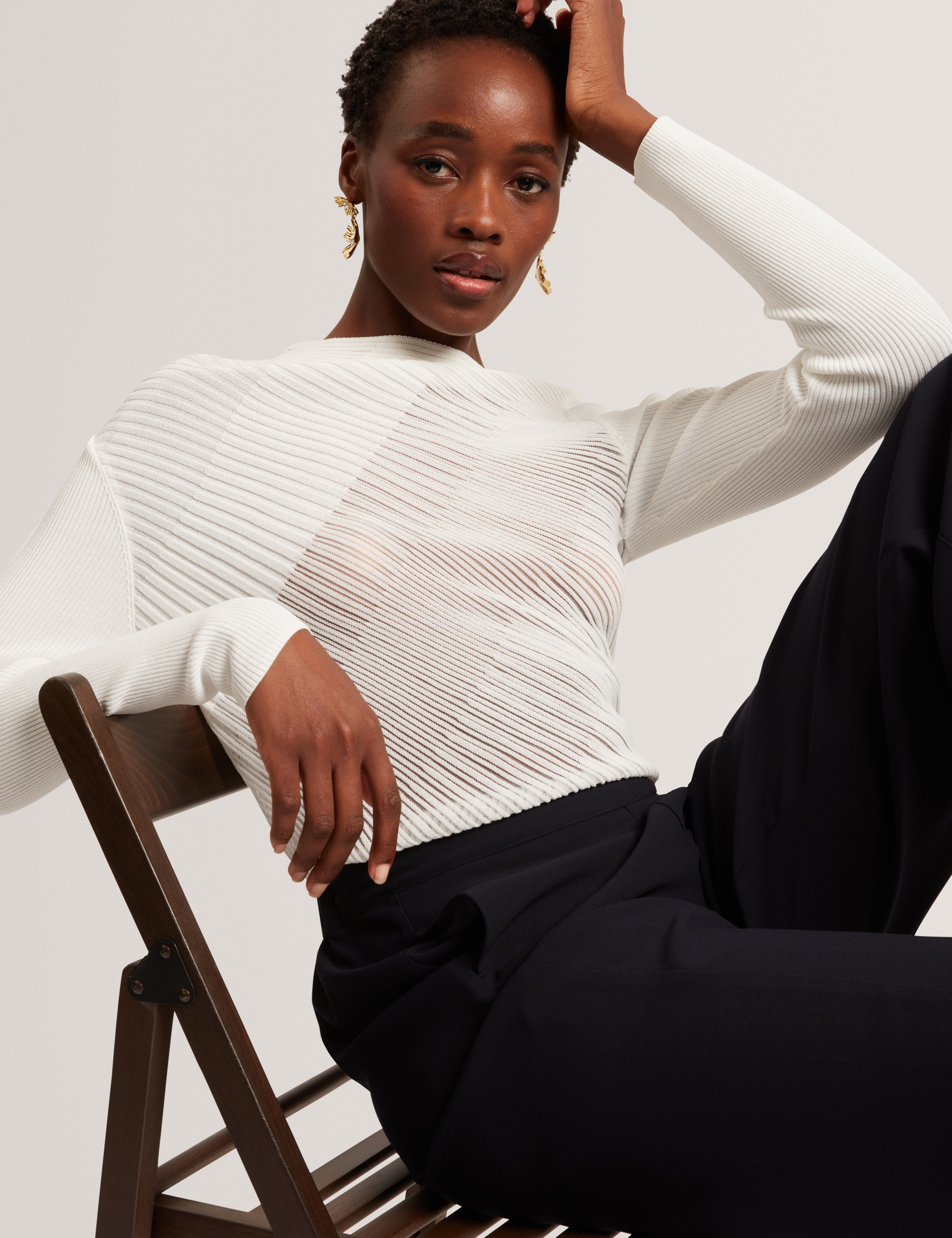 Ceyloa Long Sleeve Sheer Detail Knit Top White
