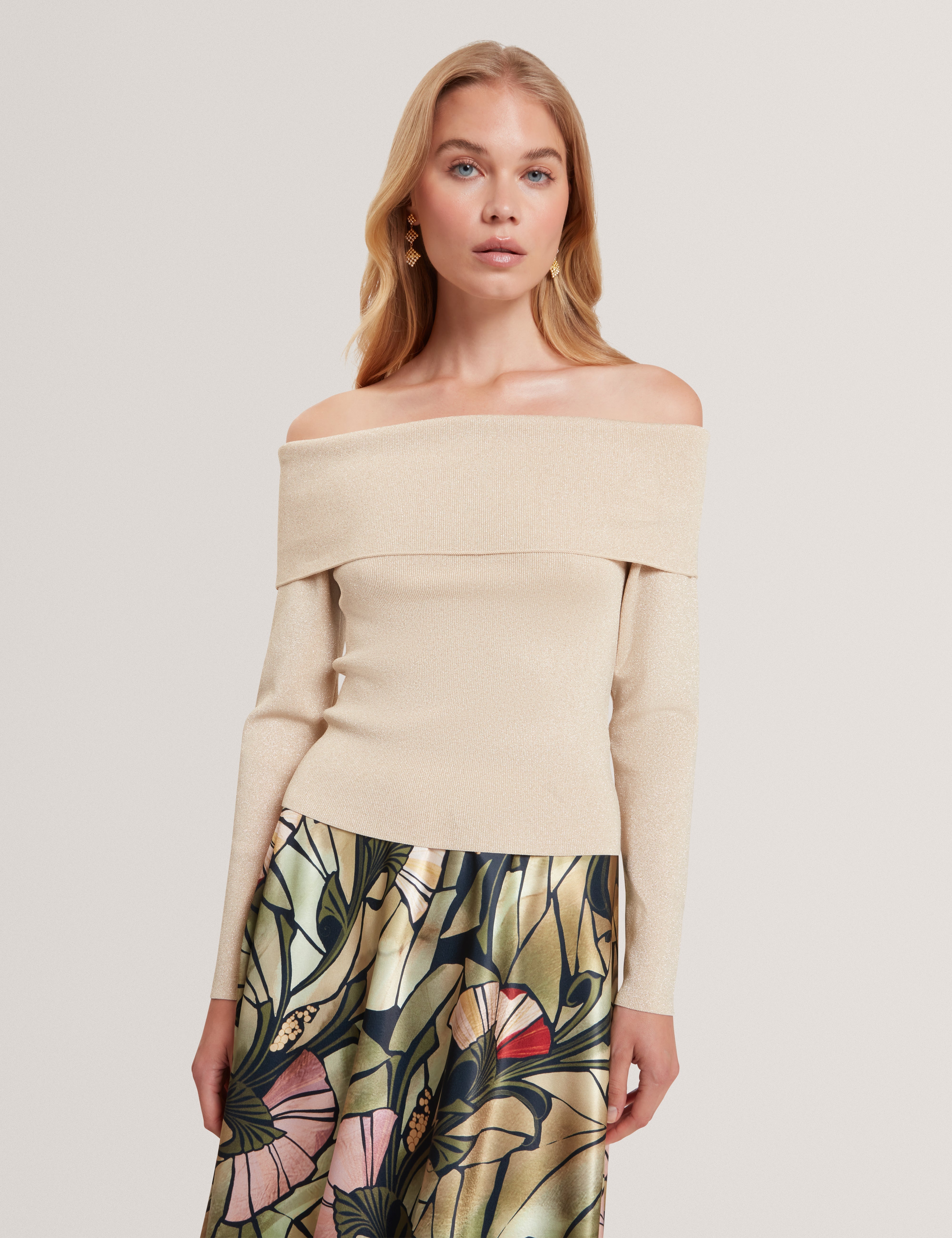 Laycii Off The Shoulder Metallic Knit Top Natural