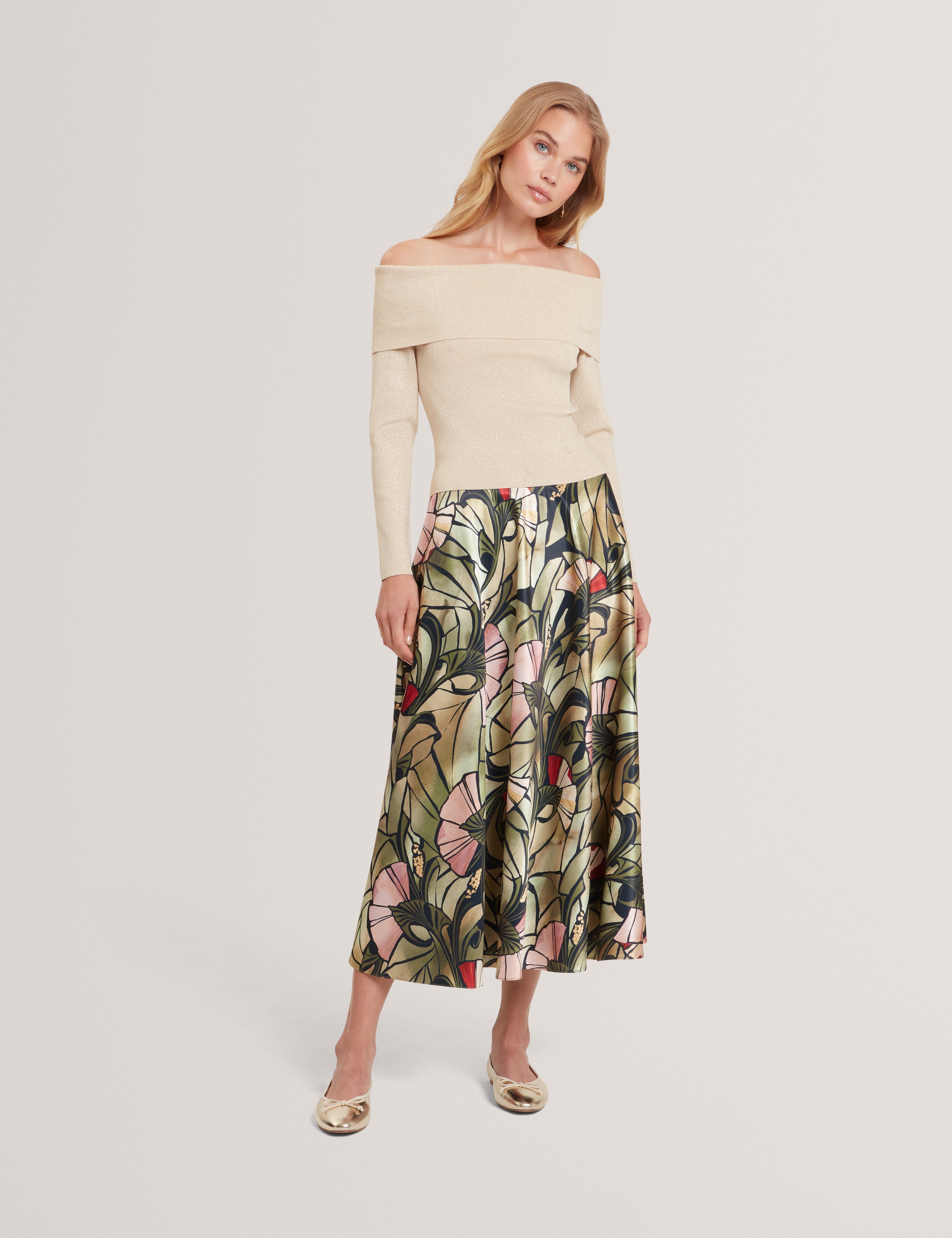 Laycii Off The Shoulder Metallic Knit Top Natural