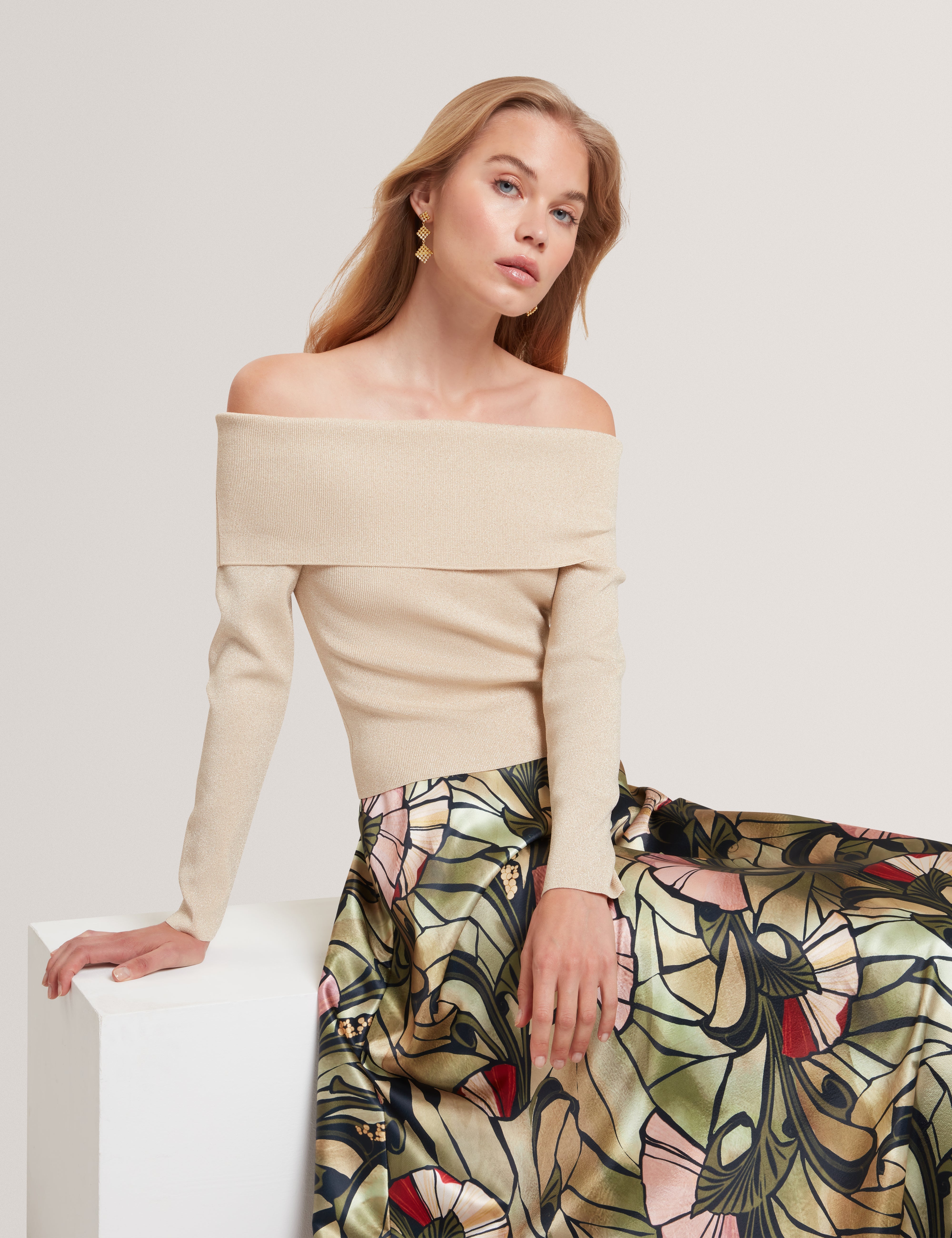 Laycii Off The Shoulder Metallic Knit Top Natural