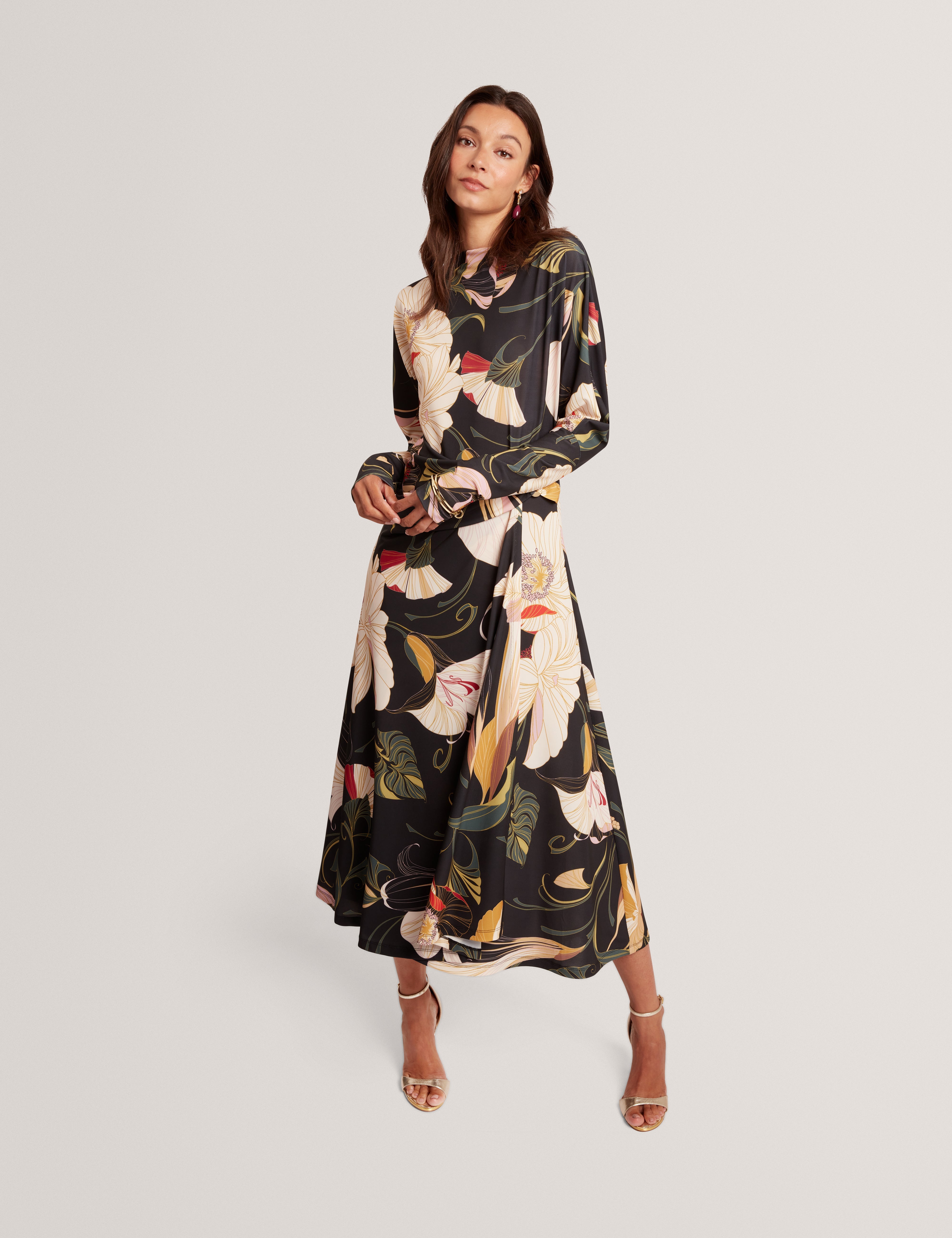 Lawria Print Wrap Midi Dress Black