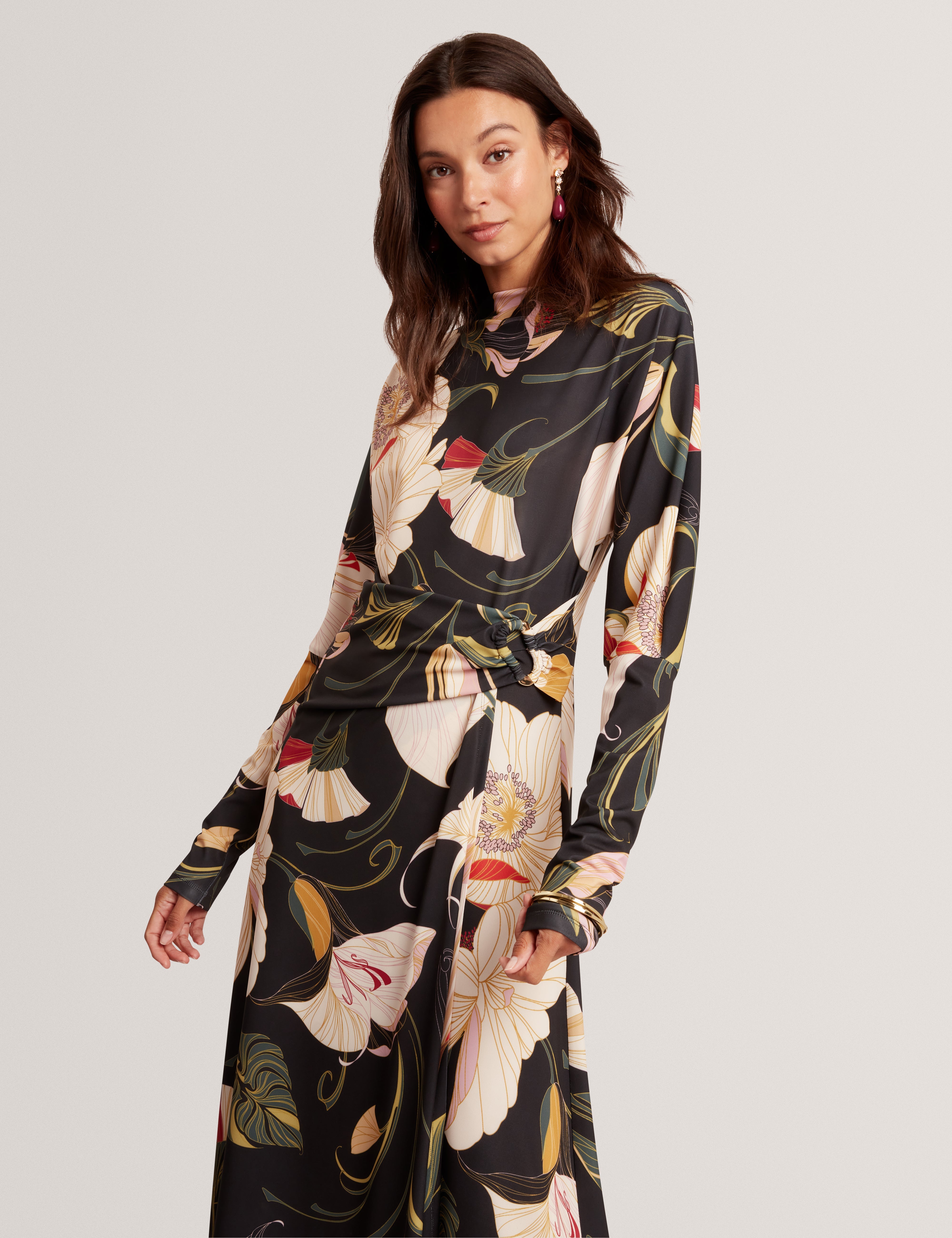 Lawria Print Wrap Midi Dress Black