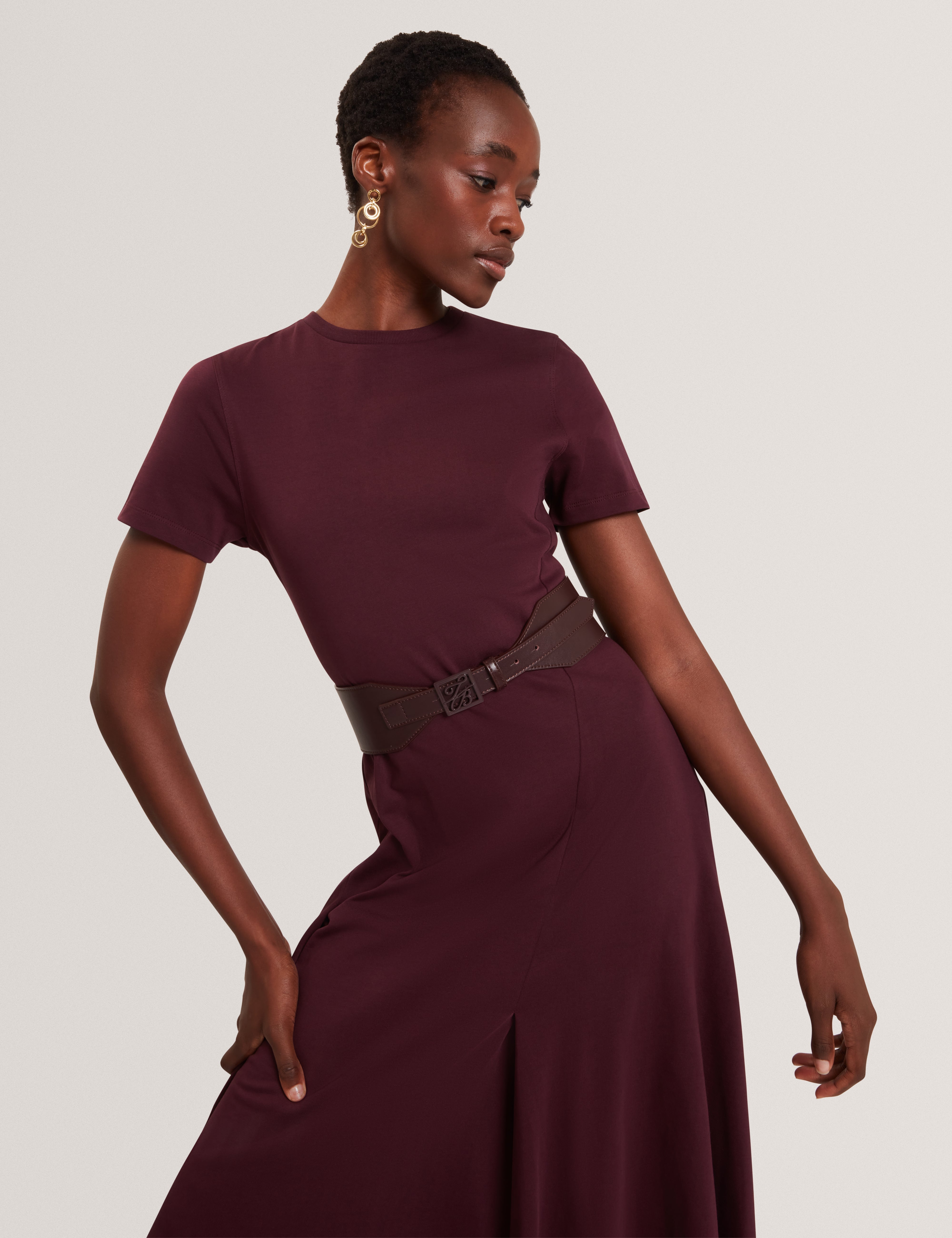 Fuusia Jersey Panelled Short Sleeve Midi Dress Oxblood