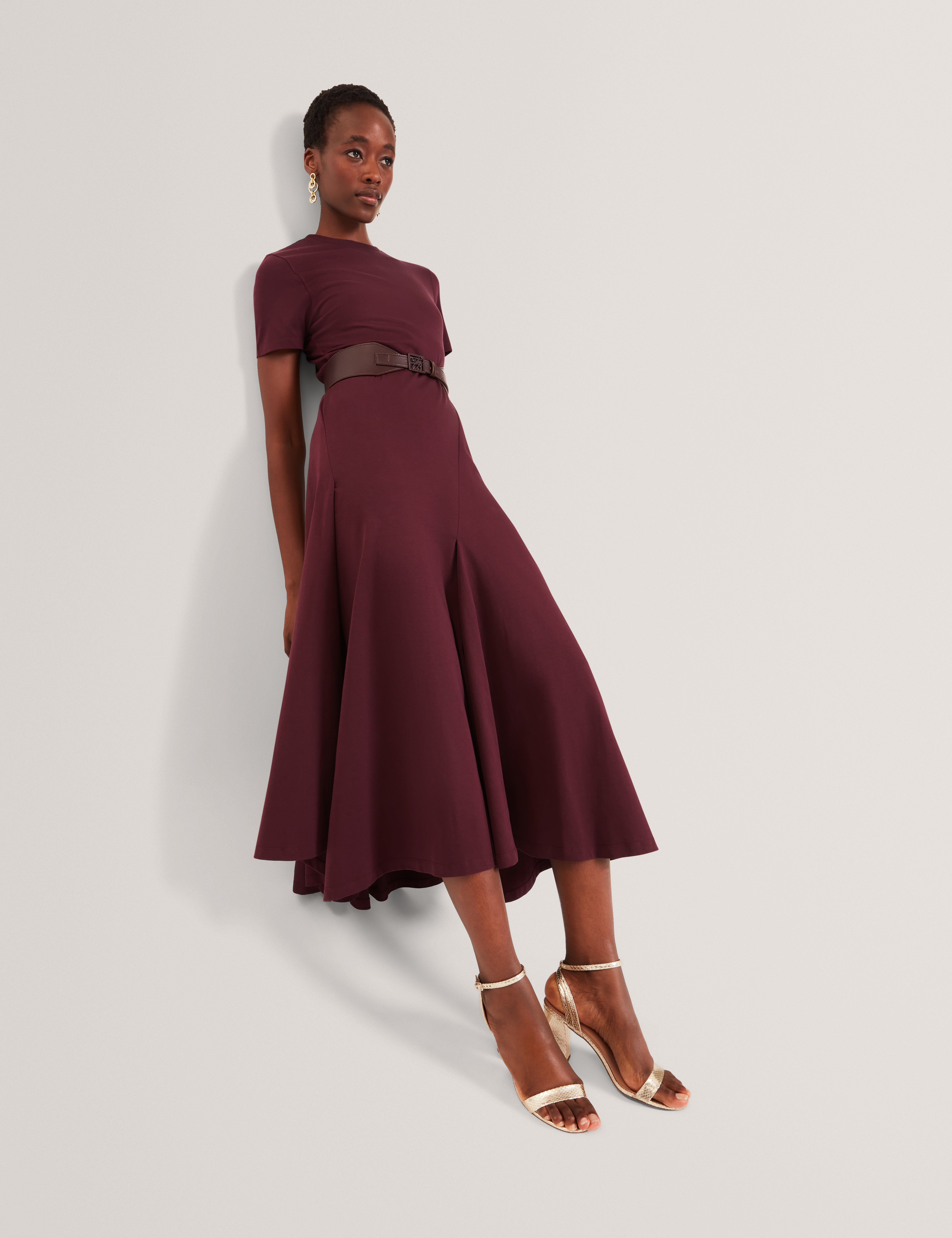 Fuusia Jersey Panelled Short Sleeve Midi Dress Oxblood