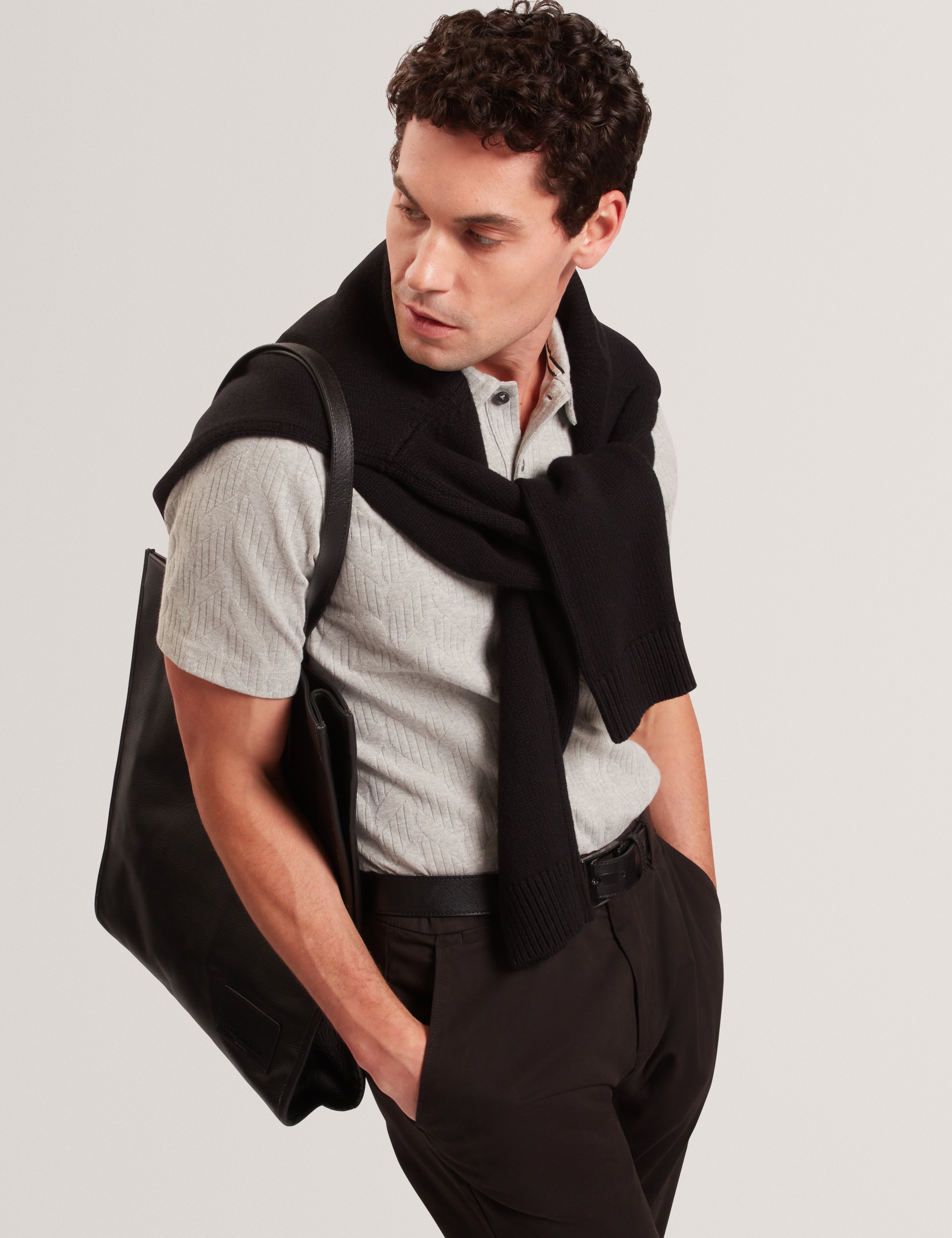 تي شيرت بولو بأكمام قصيرة وخياطة كابل من ريمبران - رمادي فاتح