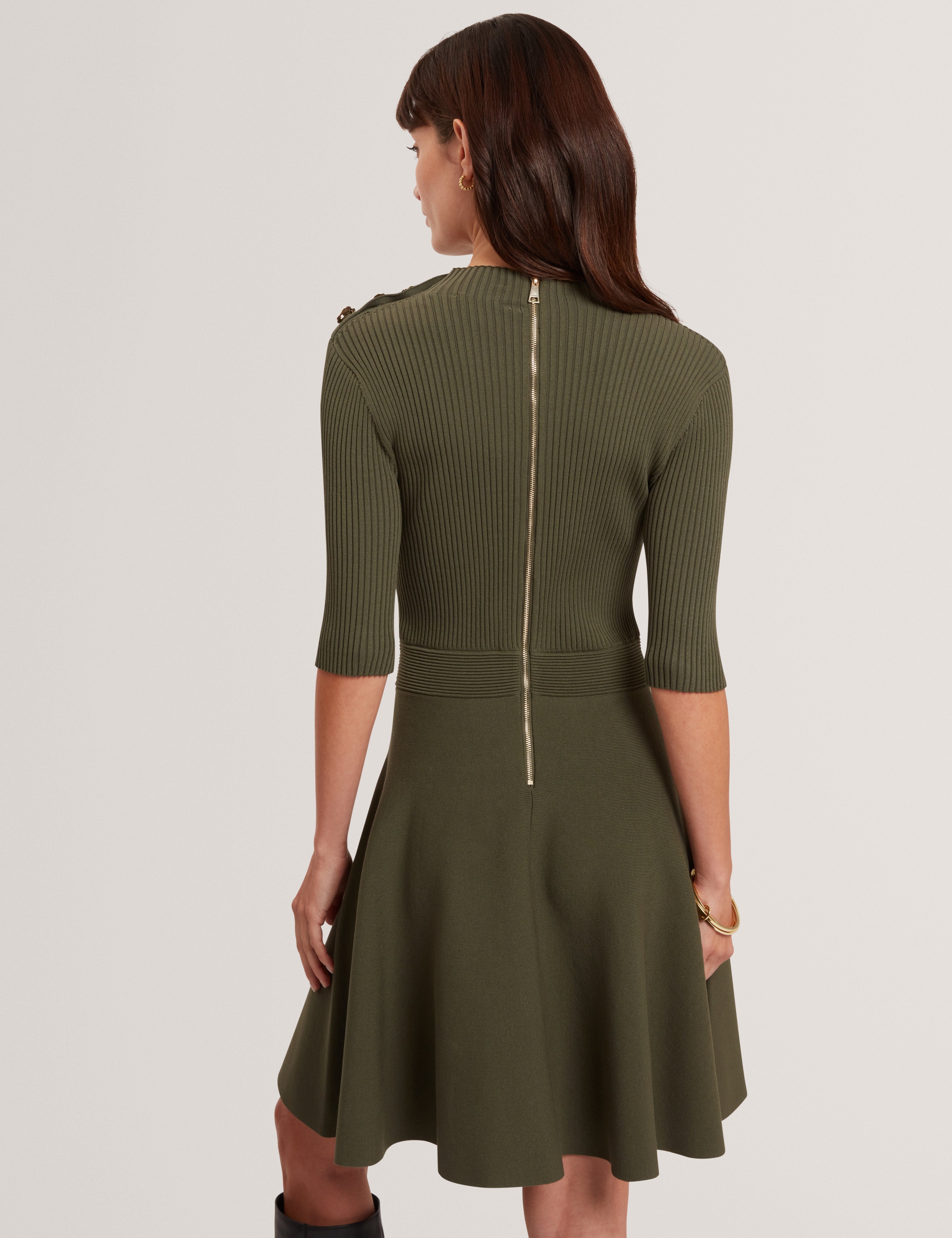 Lilano Ribbed Knit Button Detail Skater Dress Dk-Green