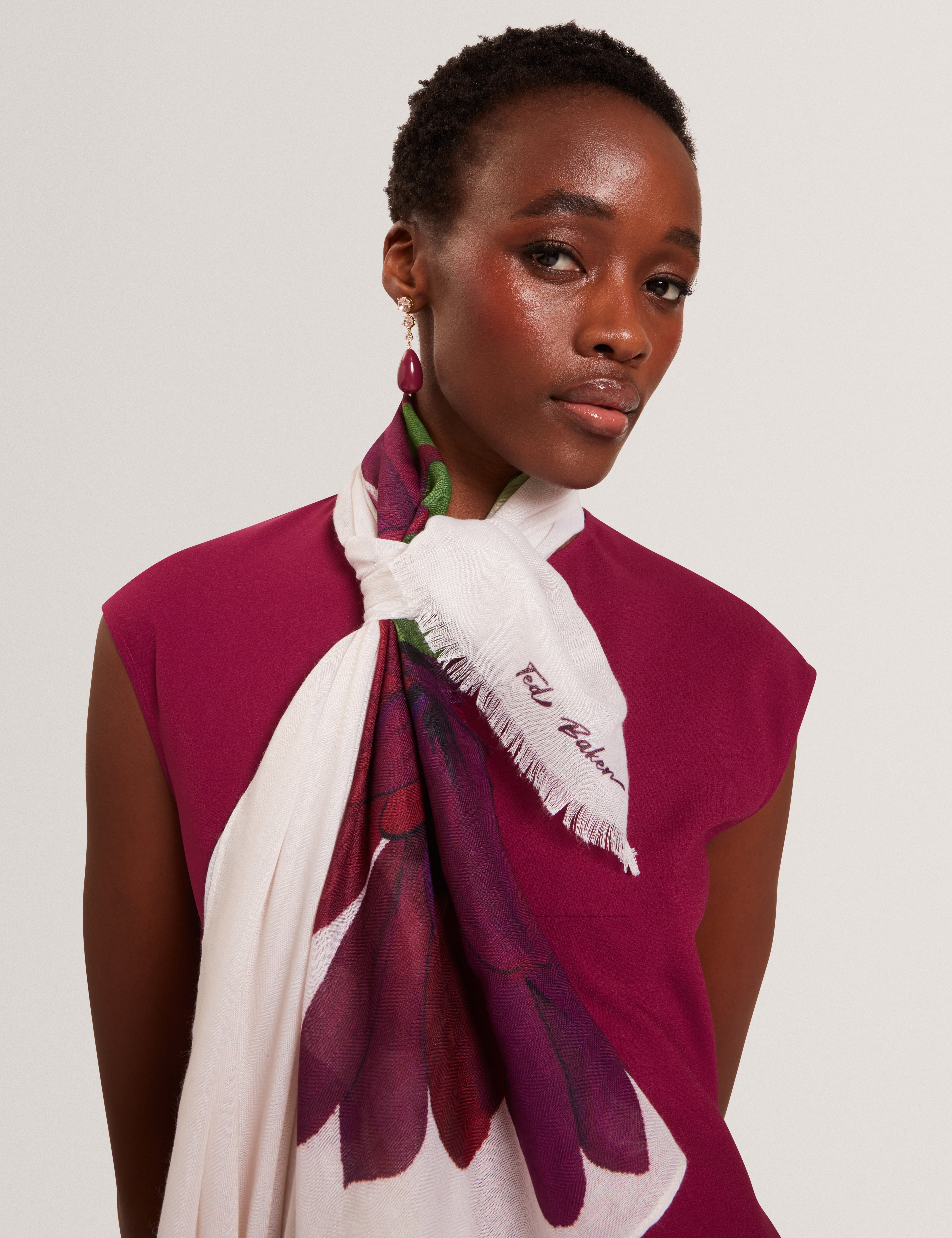 Dahliya Herringbone Long Printed Scarf Cream