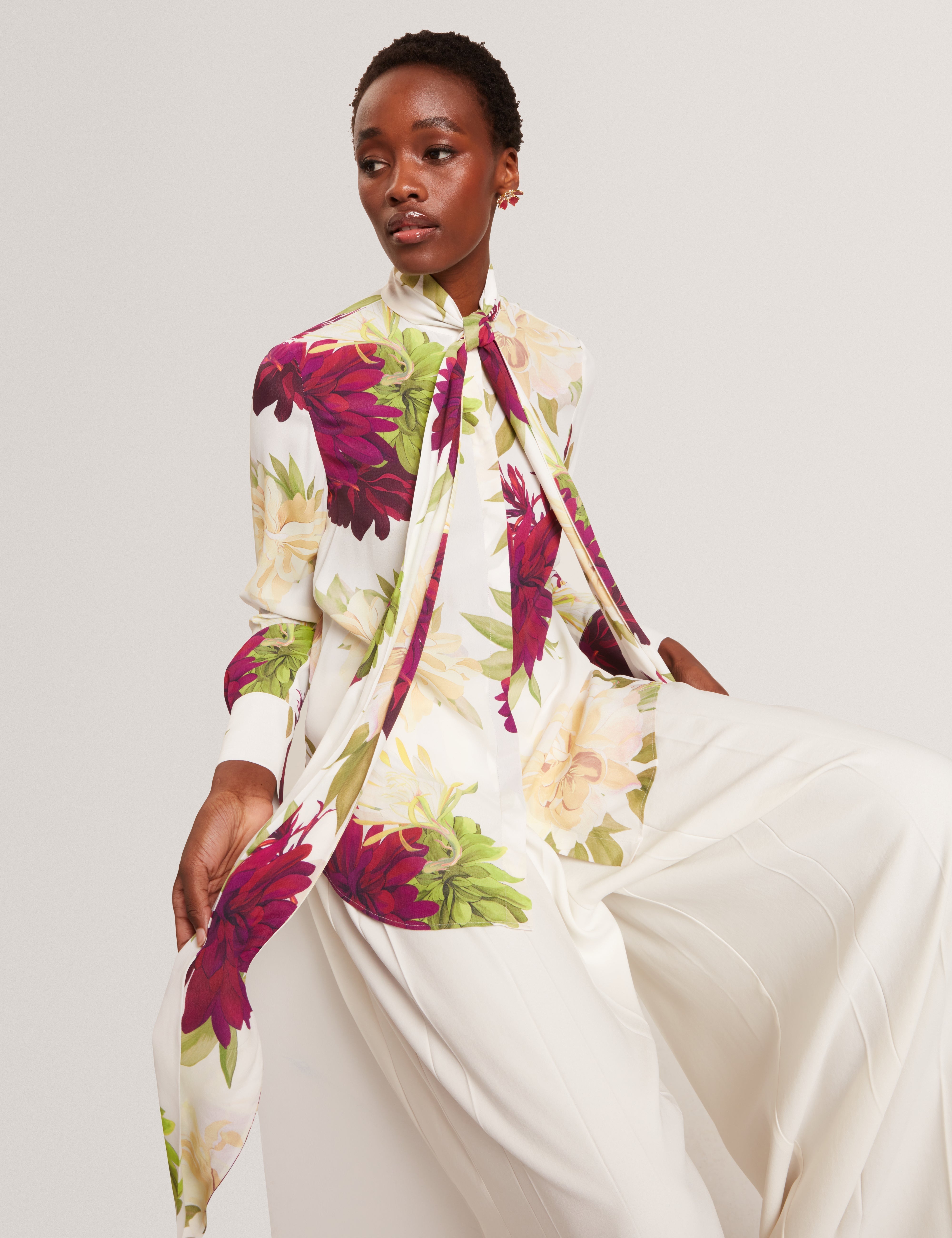 Marzena Printed Scarf Detail Long Sleeve Blouse Ivory