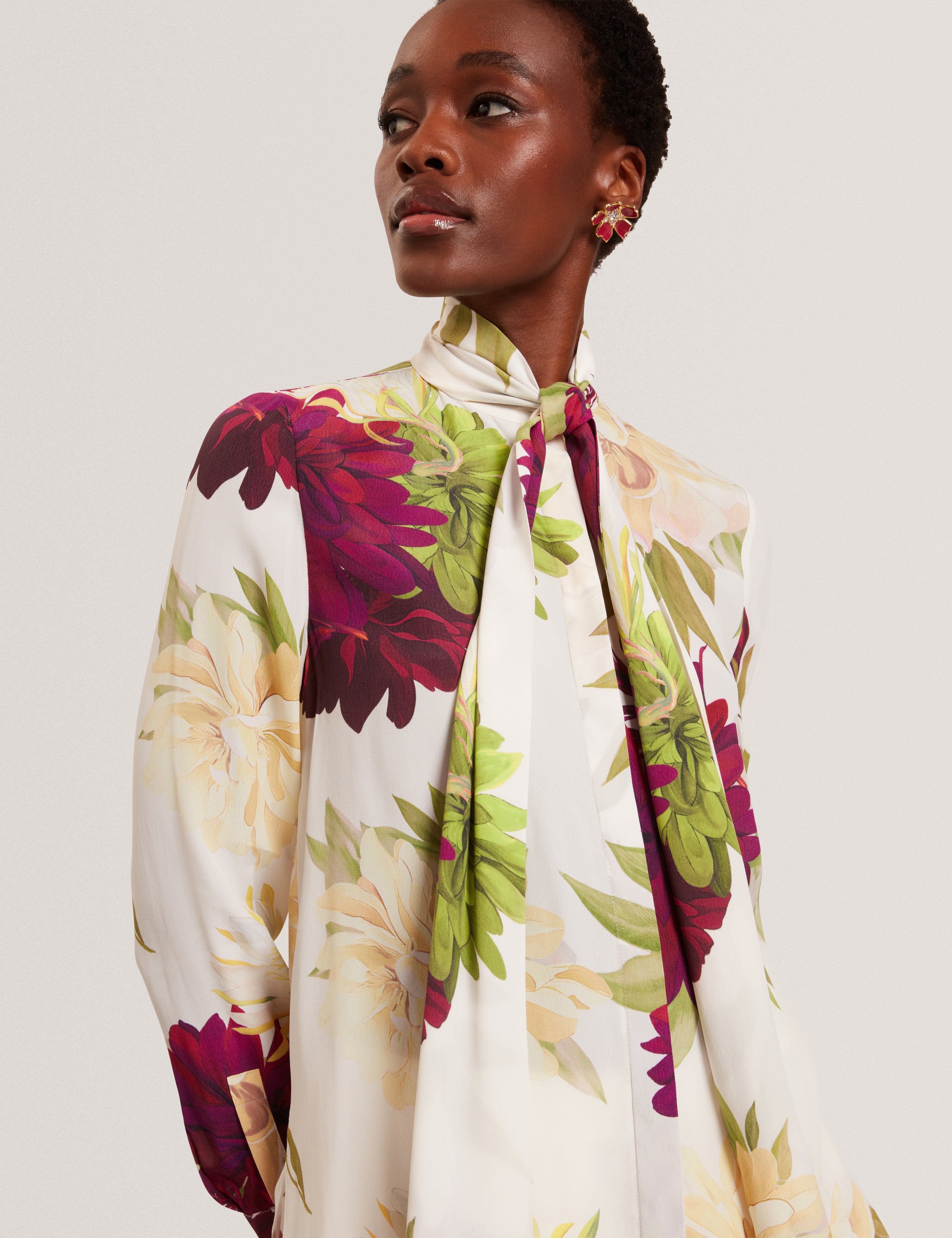 Marzena Printed Scarf Detail Long Sleeve Blouse Ivory