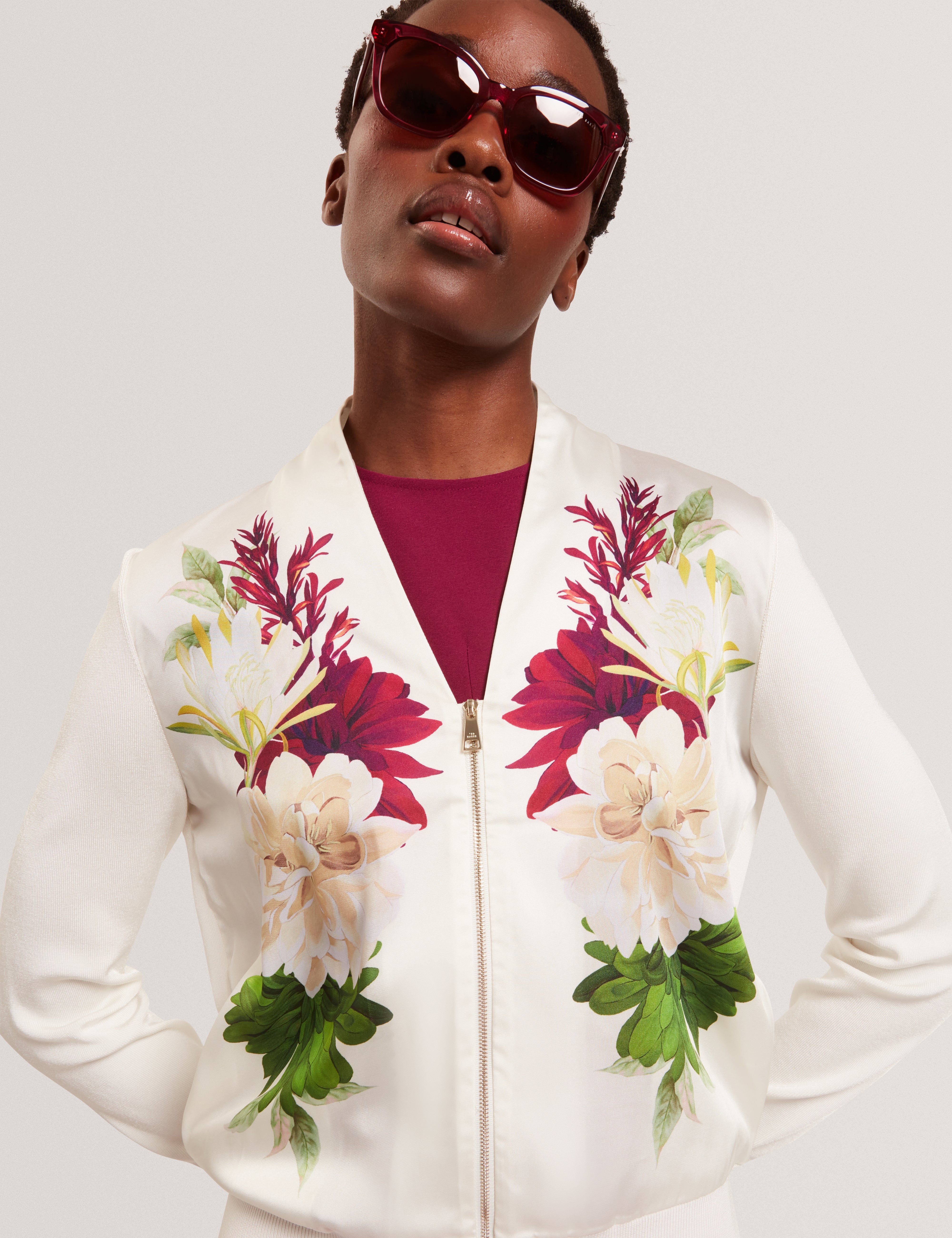 Izaa Printed Woven Front Zipped Cardigan Ivory