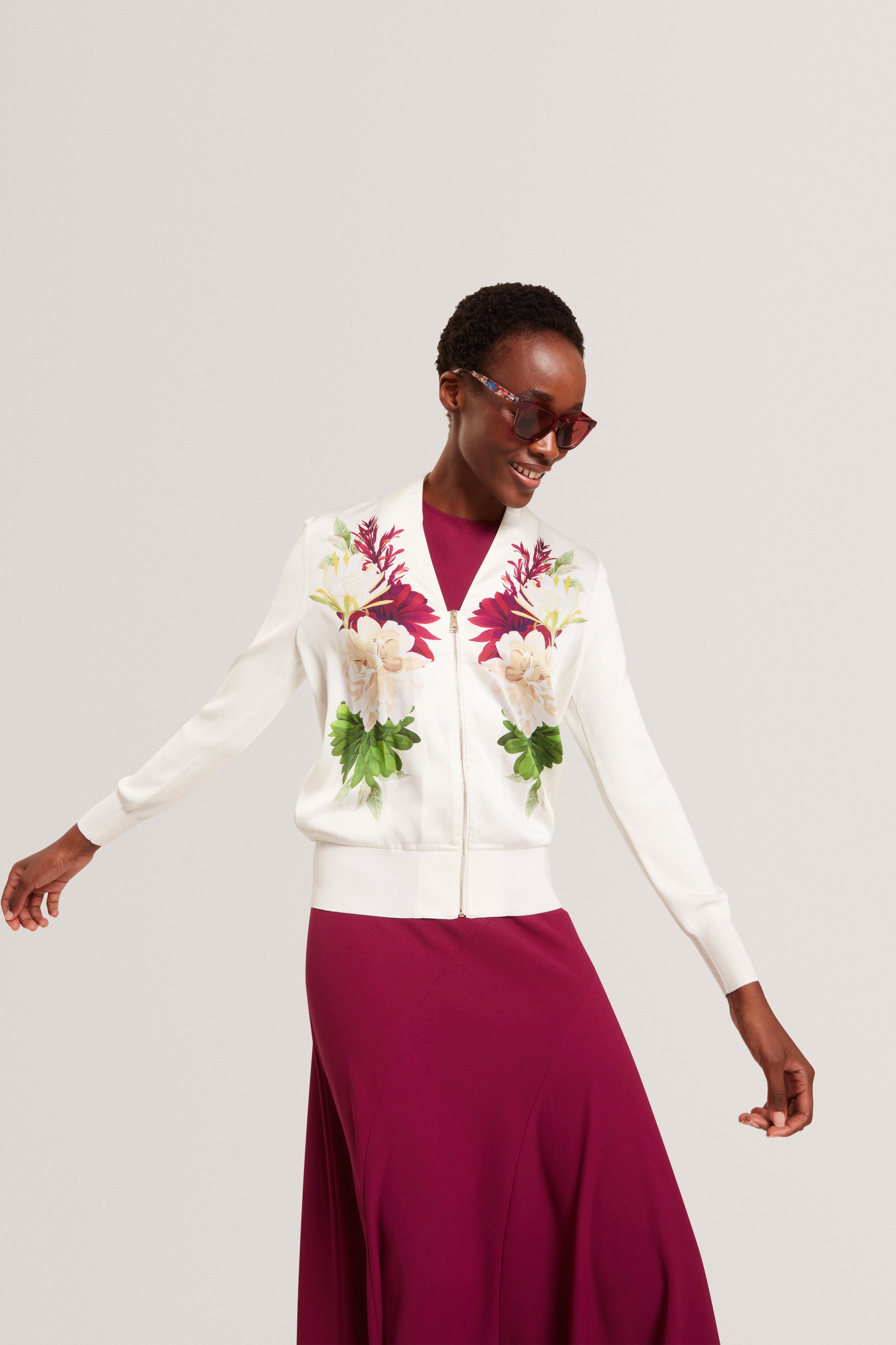 Izaa Printed Woven Front Zipped Cardigan Ivory