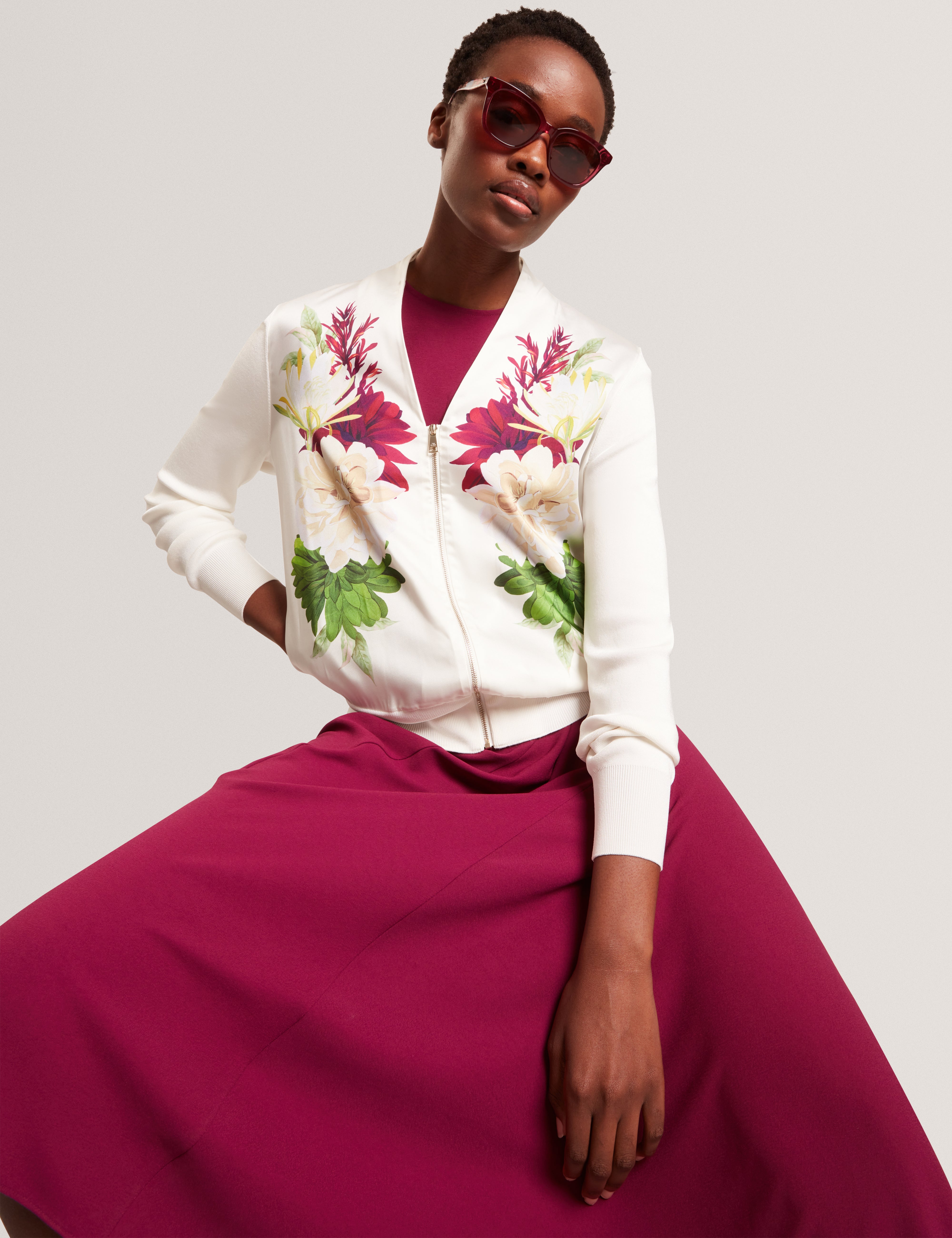 Izaa Printed Woven Front Zipped Cardigan Ivory