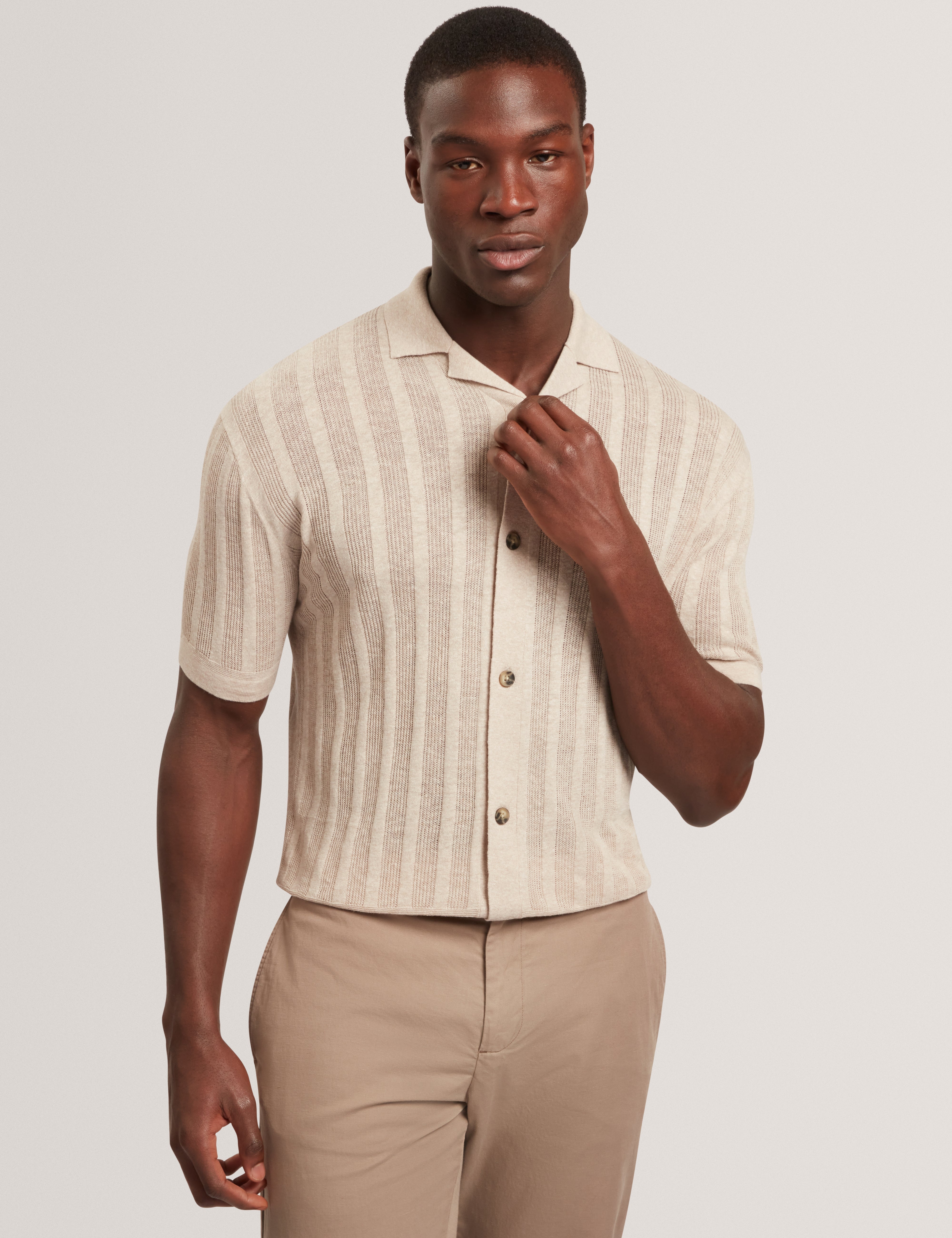 Edio Short Sleeve Stitch Interest Revere Collar Polo Ecru