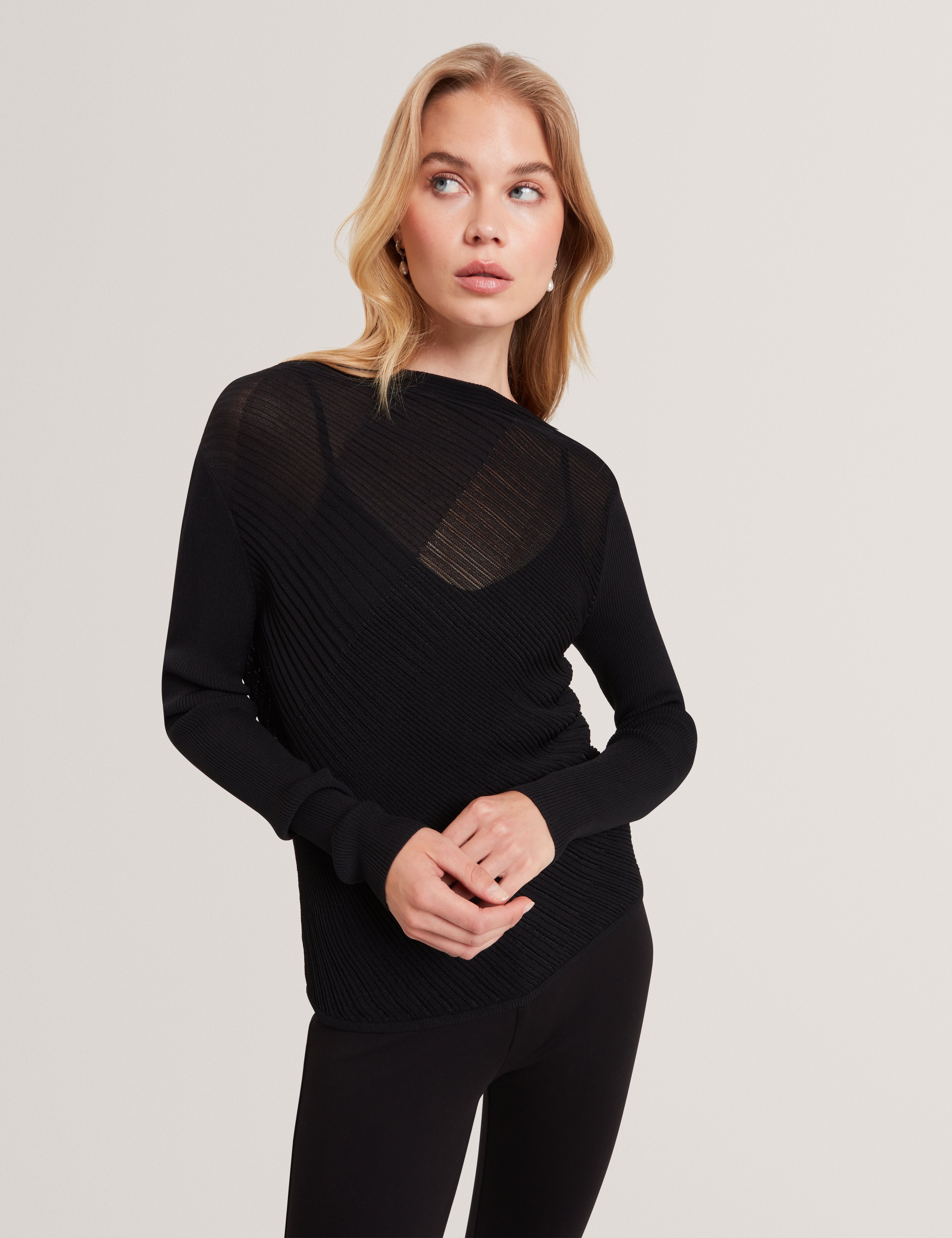Ceyloaa Long Sleeve Sheer Detail Knit Top Black