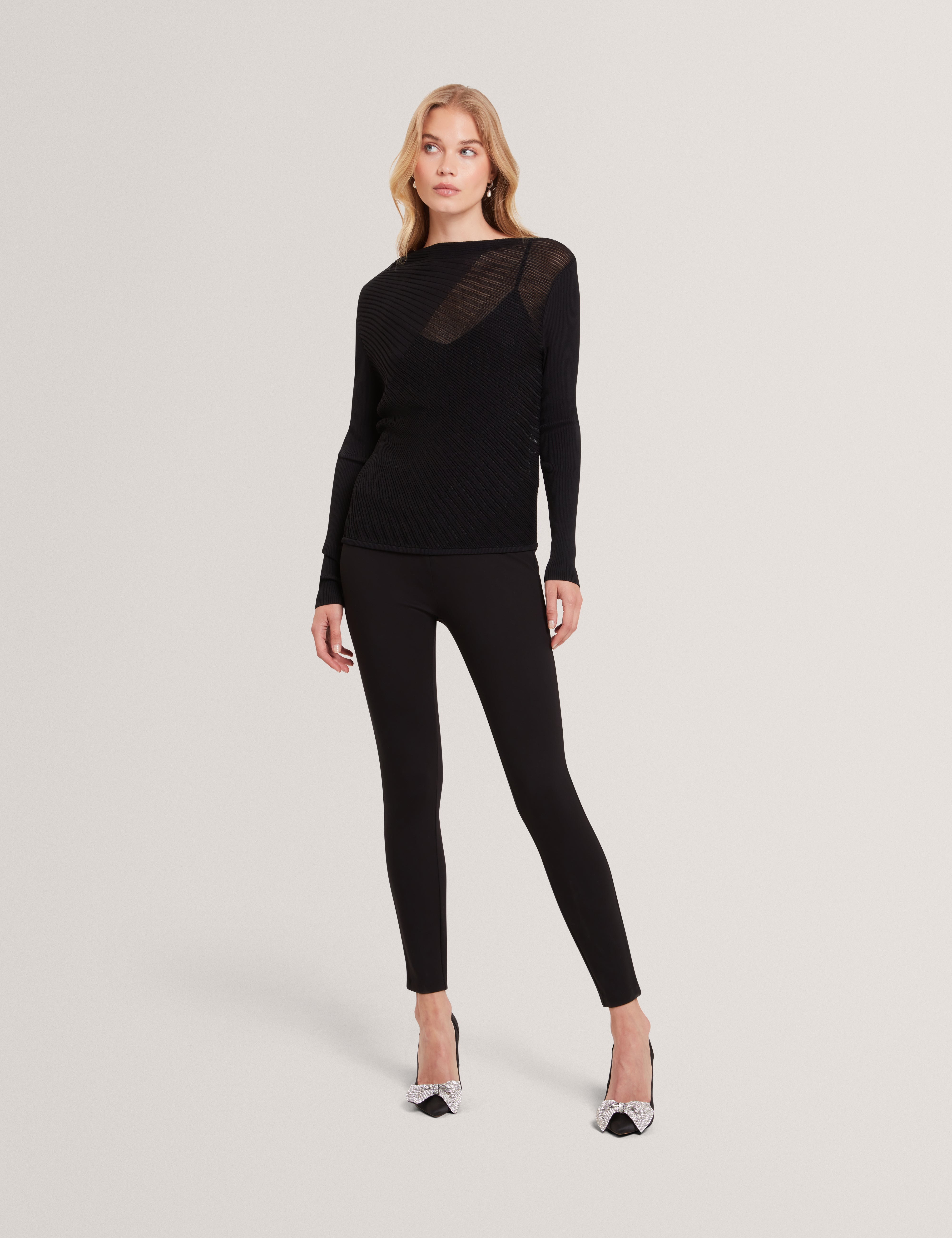 Ceyloaa Long Sleeve Sheer Detail Knit Top Black