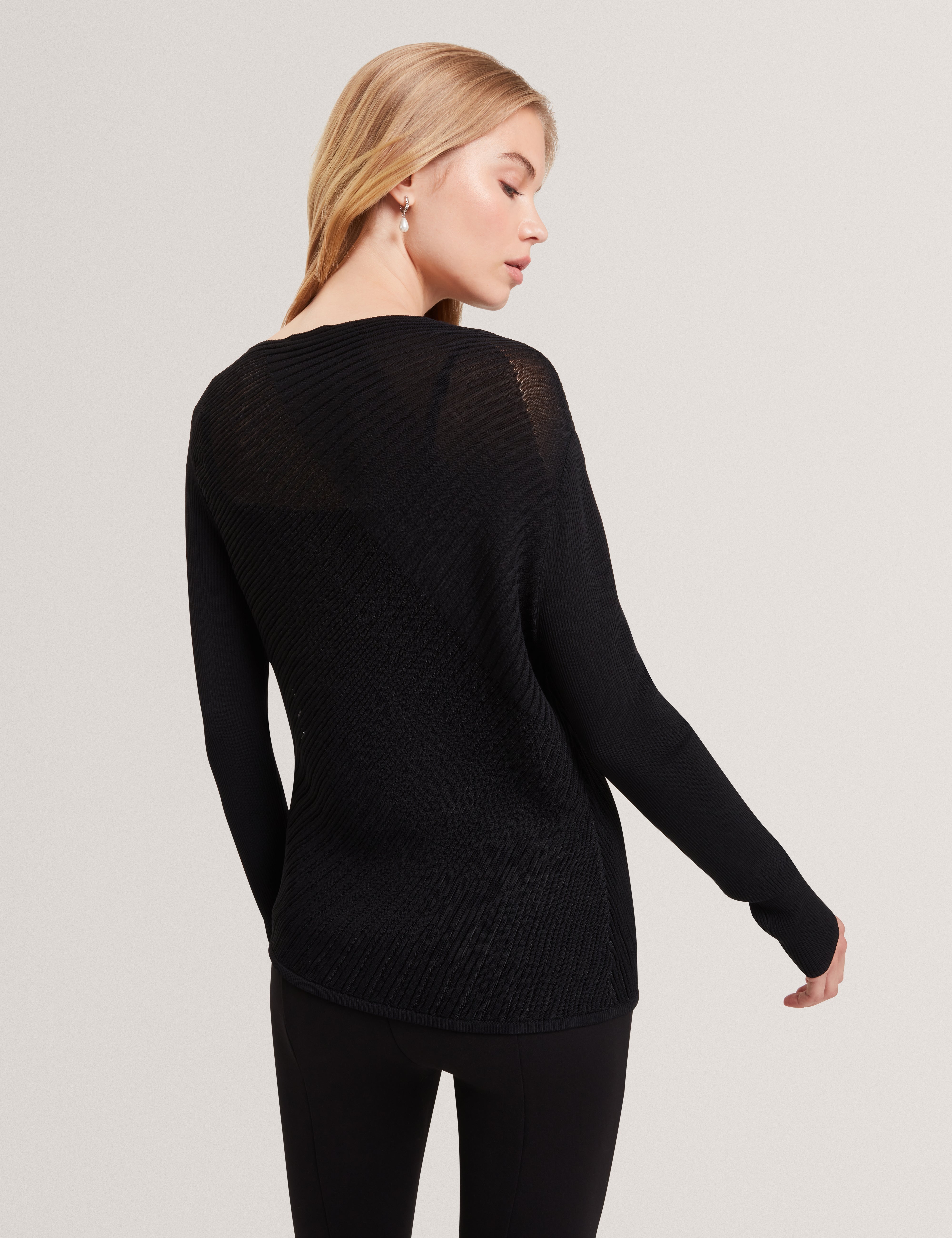 Ceyloaa Long Sleeve Sheer Detail Knit Top Black