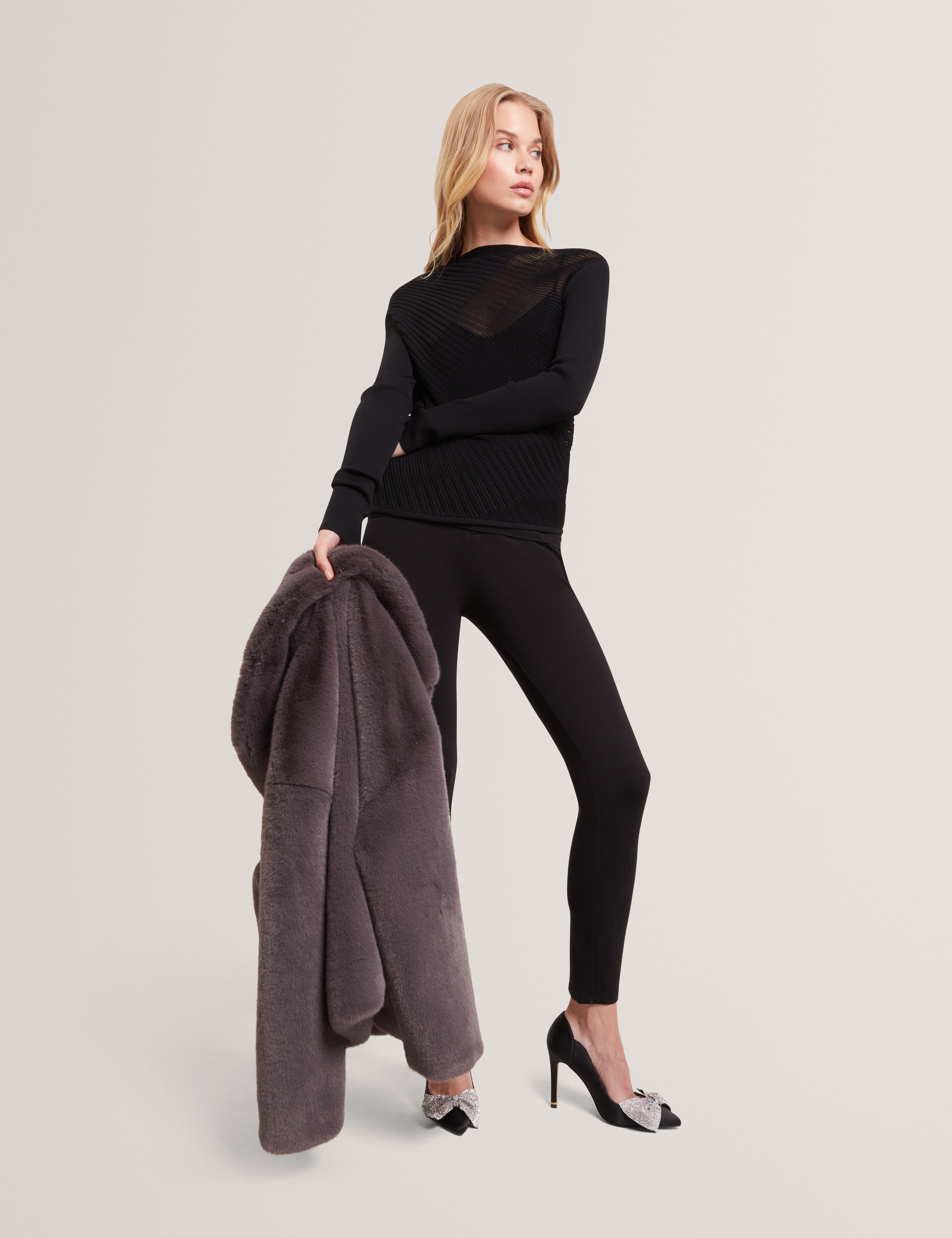Ceyloaa Long Sleeve Sheer Detail Knit Top Black