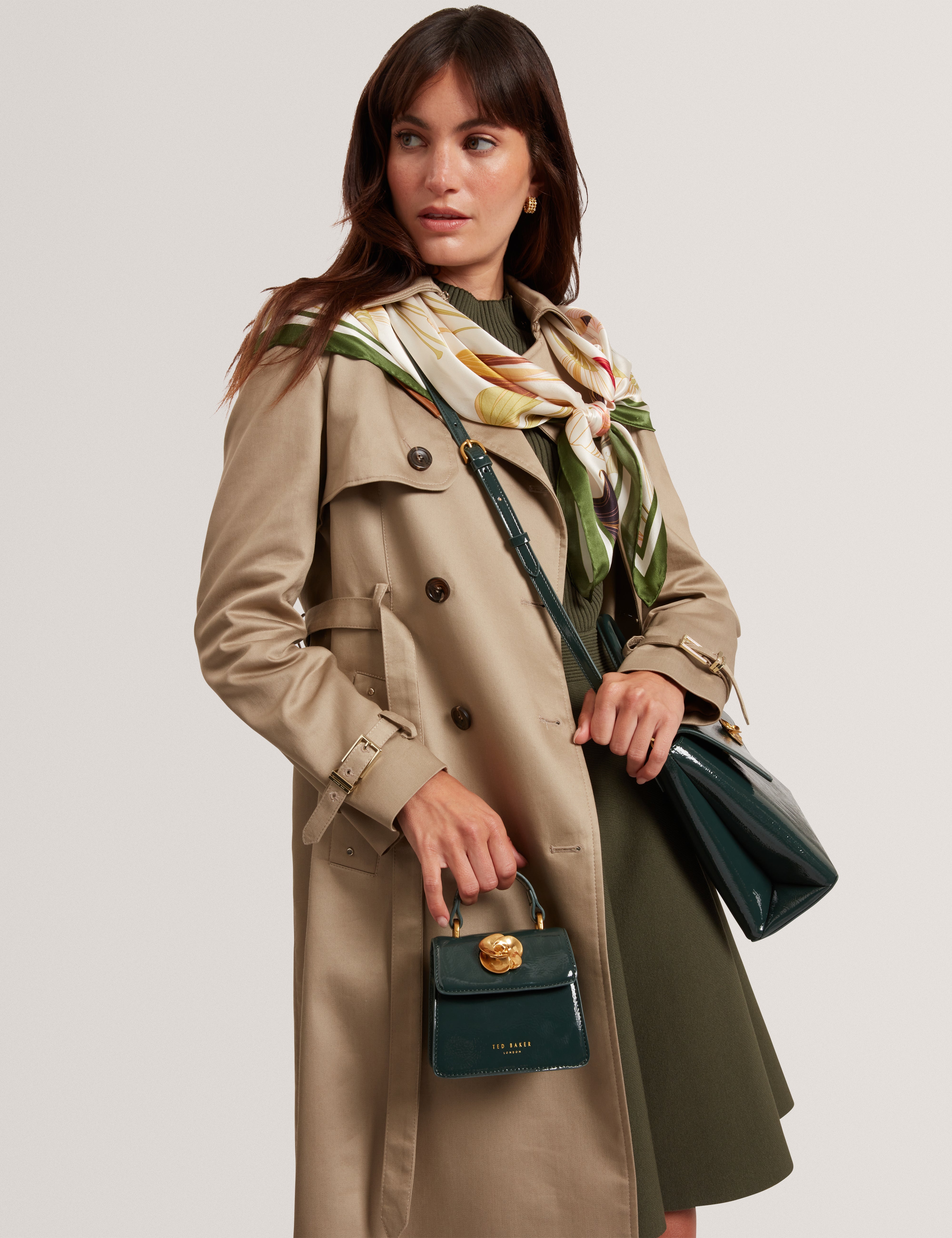 Roselah Rose Detail Square Mini Top Handle Bag Dk-Green