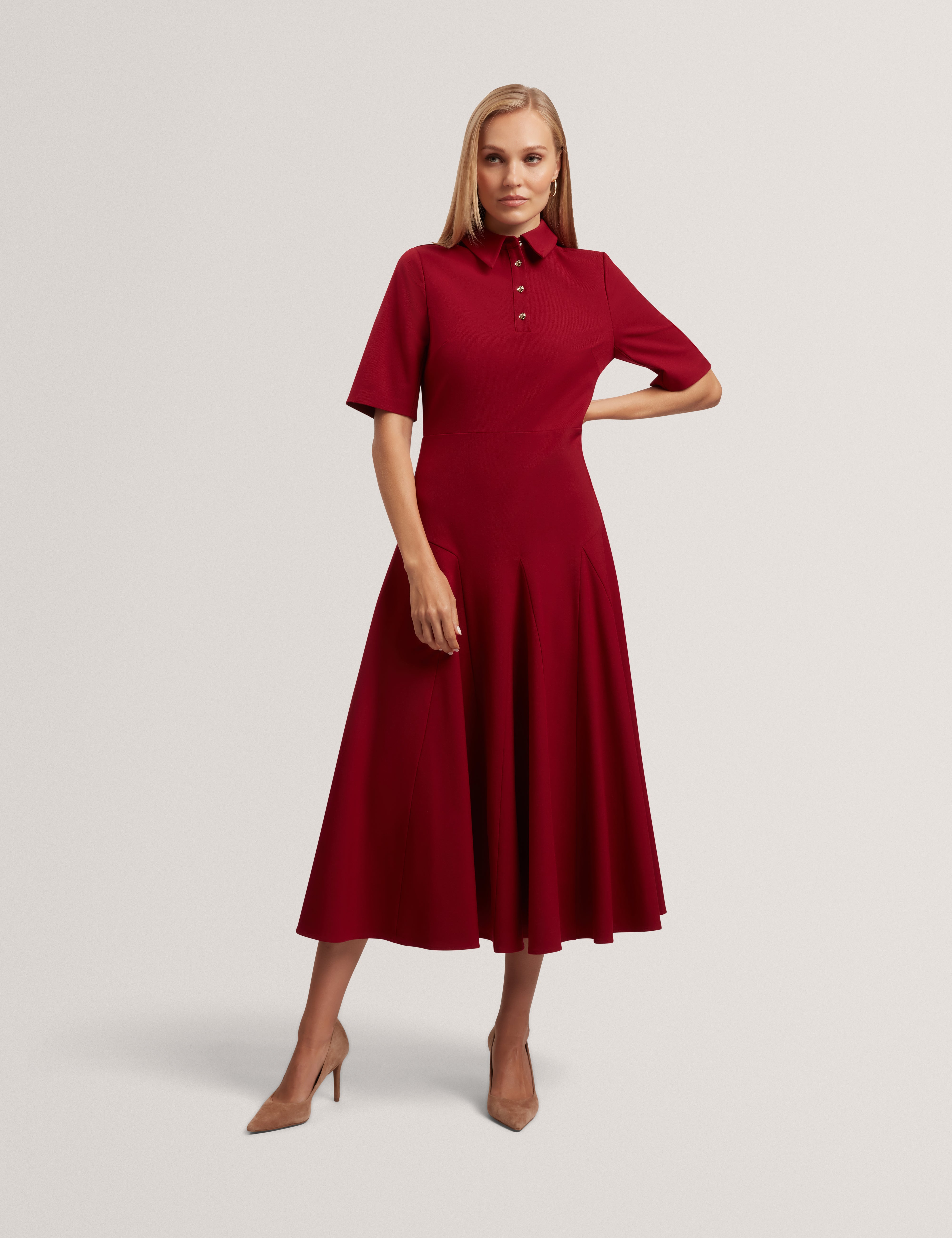 Larosa Rose Button Midi Dress Dk-Red