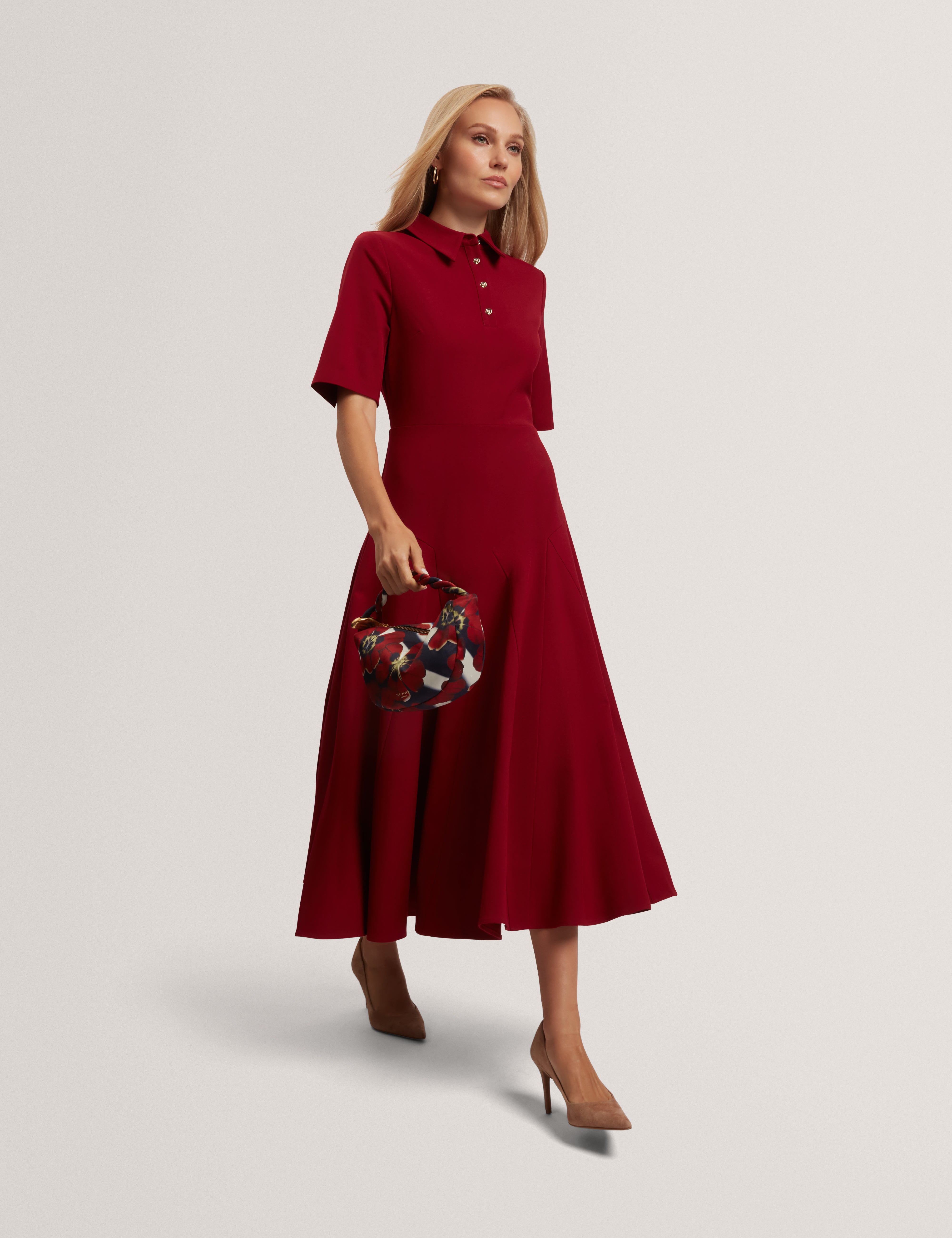 Larosa Rose Button Midi Dress Dk-Red