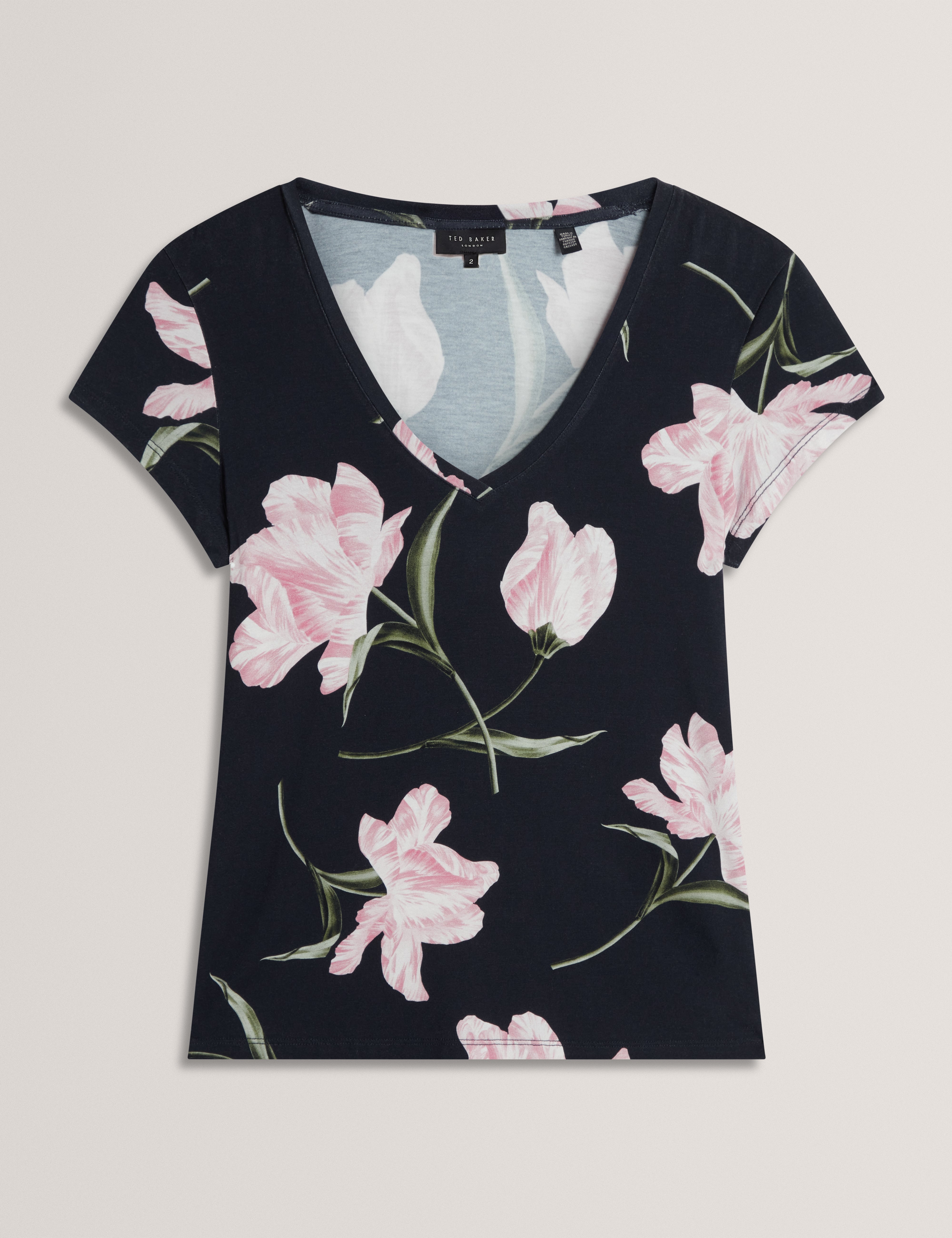 Vaiiley Printed V Neck Fitted Tee Navy