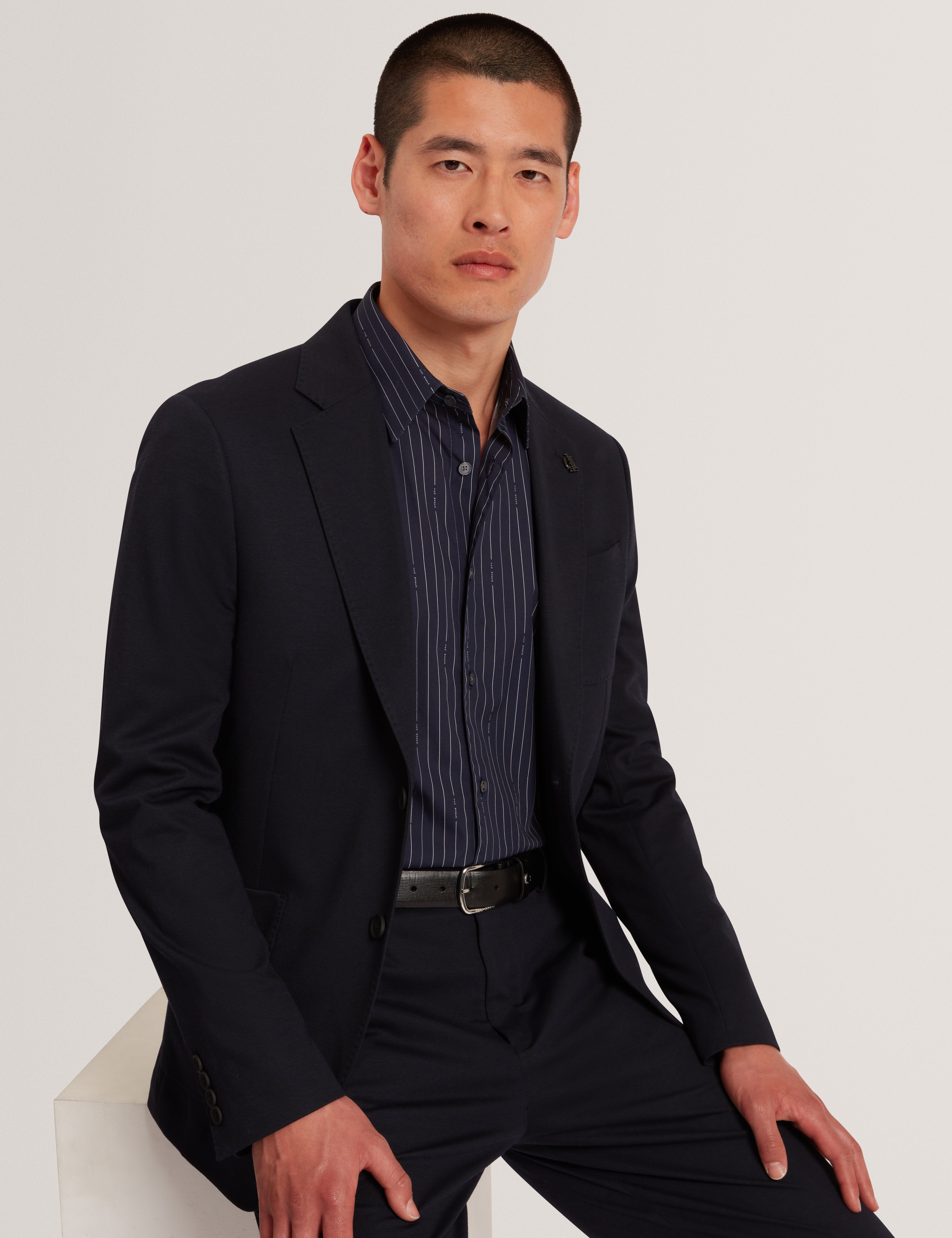 Hangent Ls Regular Fit Branded Stripe Print Shir Navy