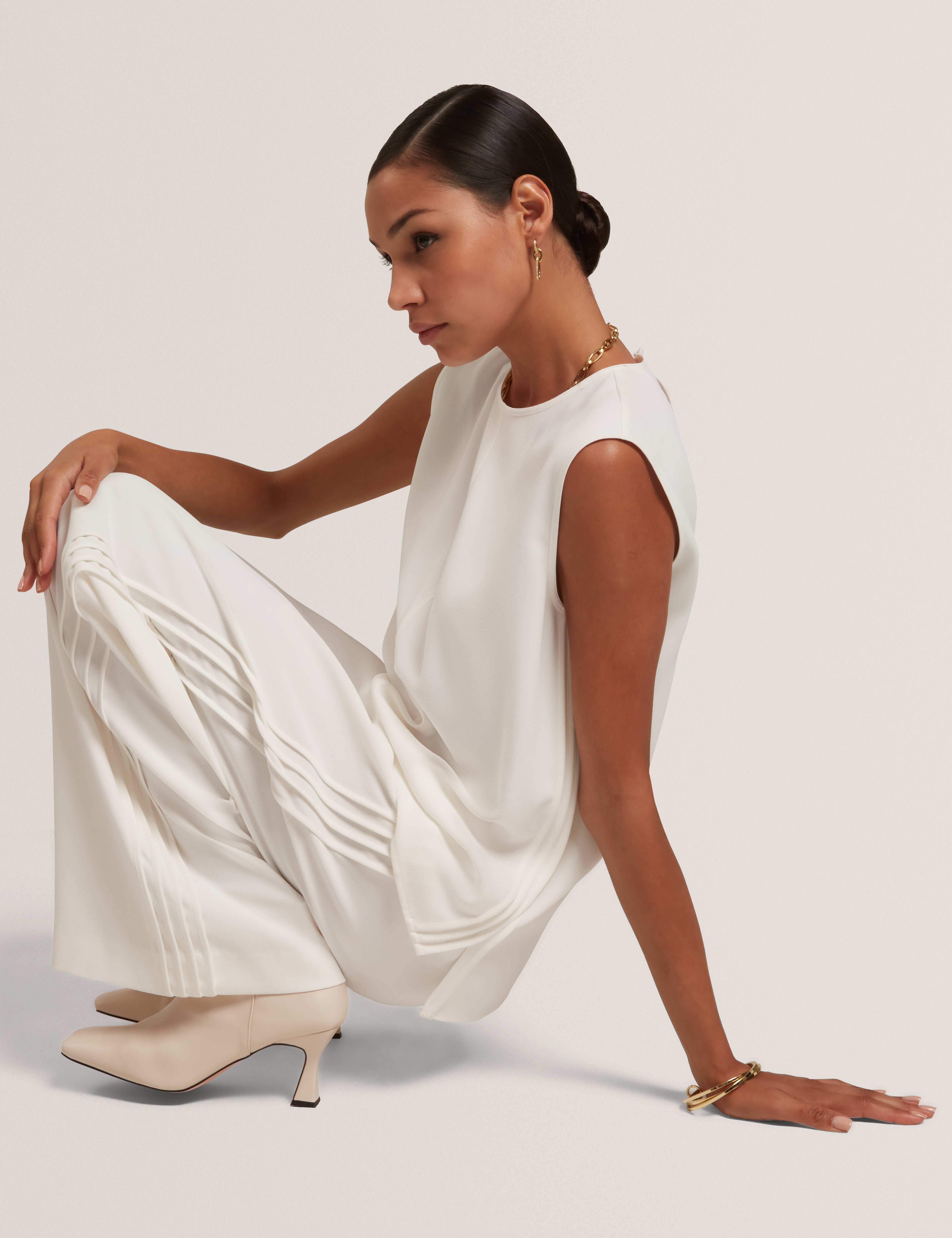 Gorjja Piping Detail Wide Leg Crepe Trouser Ivory