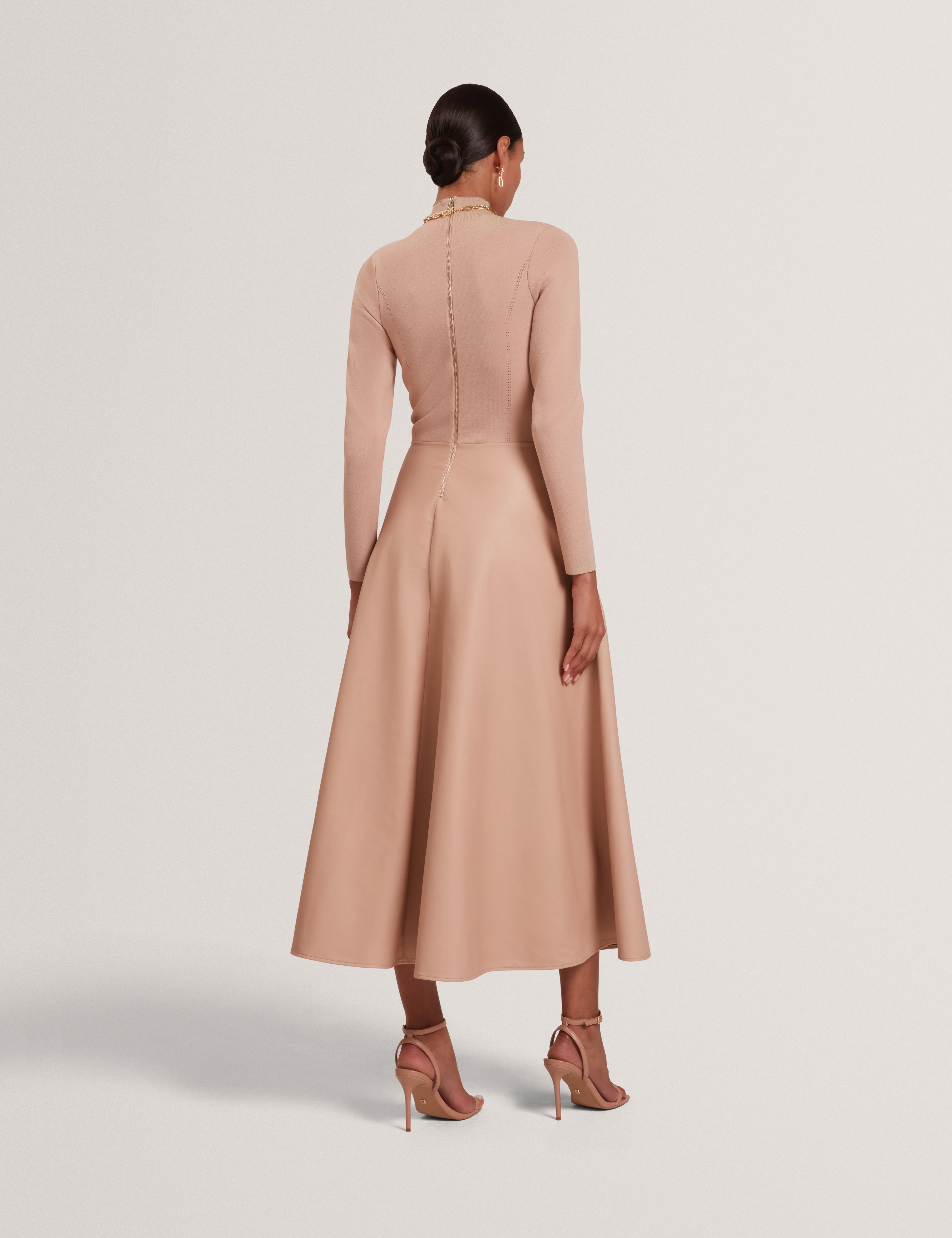 Allmie High Neck Dress With Faux Leather Skirt Taupe