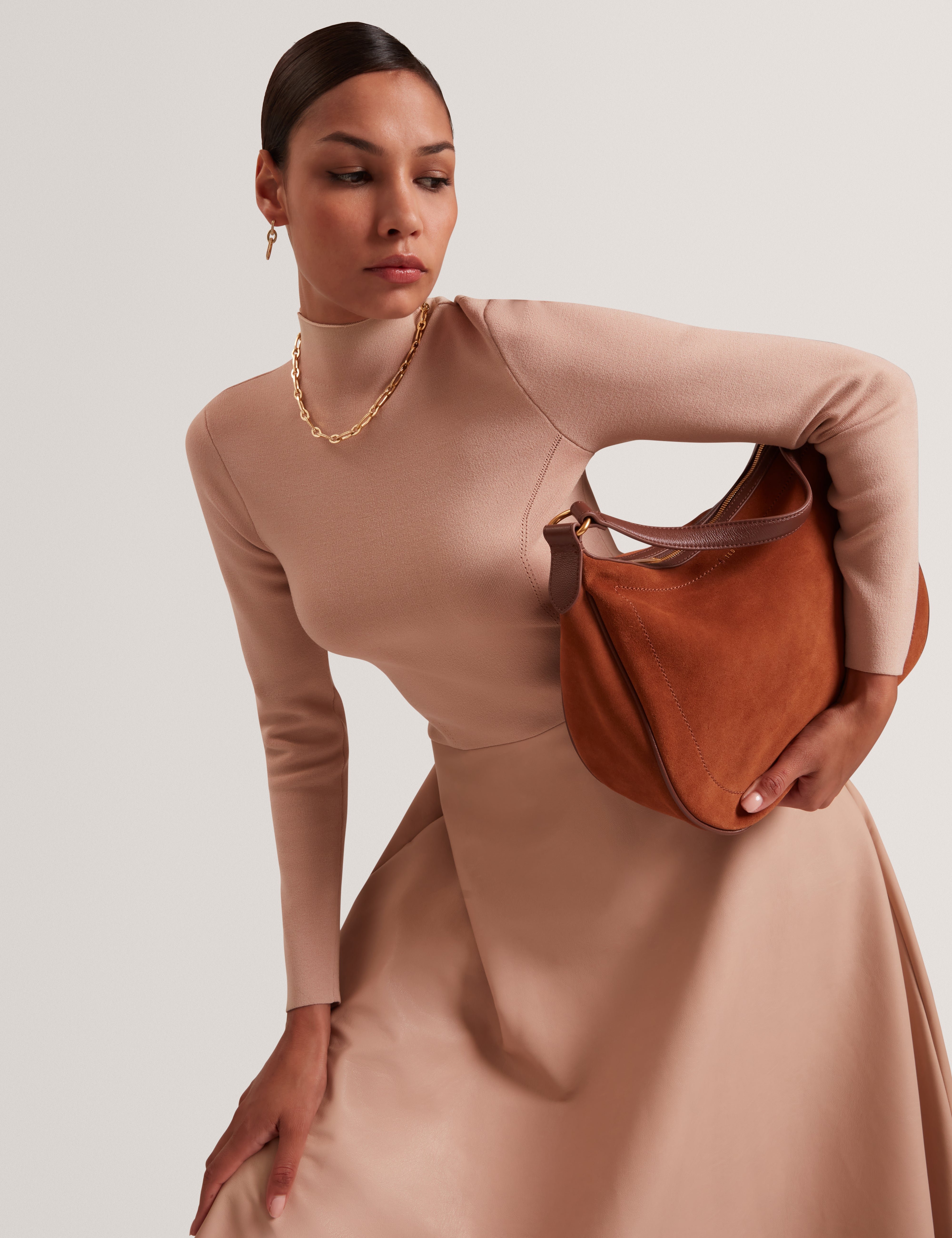 Allmie High Neck Dress With Faux Leather Skirt Taupe