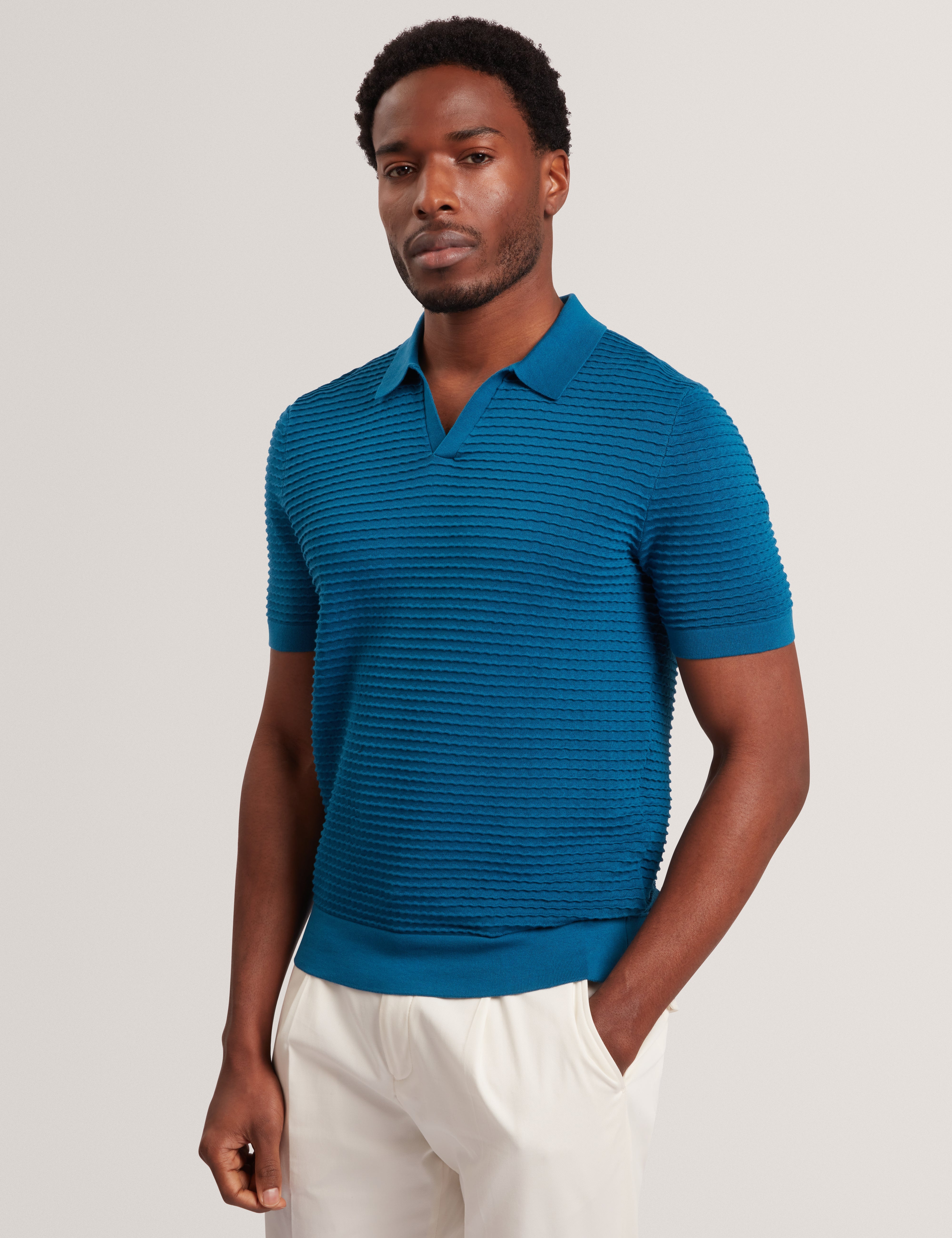 Bestel Short Sleeve Wavy Stitch Open Neck Polo Navy-Green