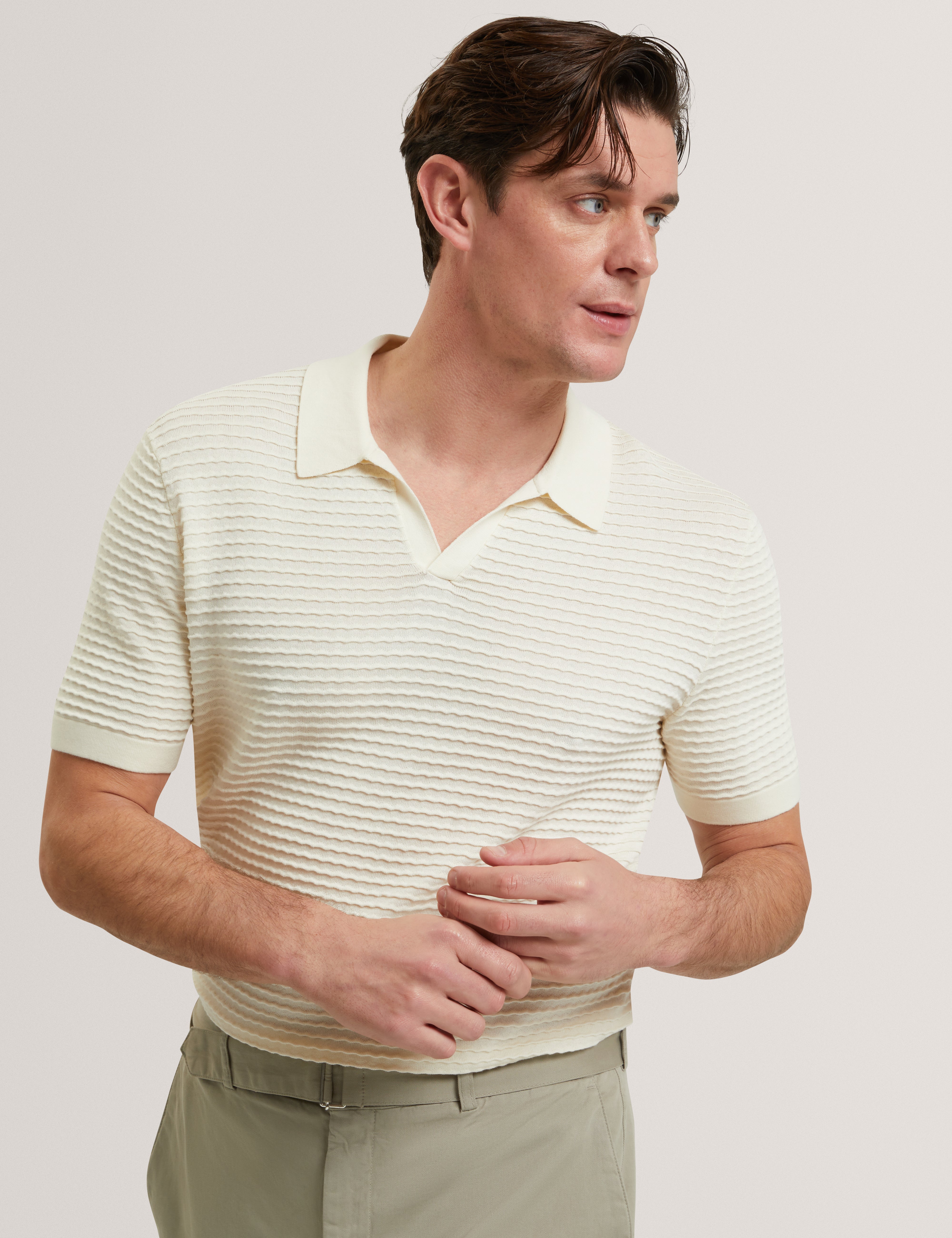 Bestel Short Sleeve Wavy Stitch Open Neck Polo White