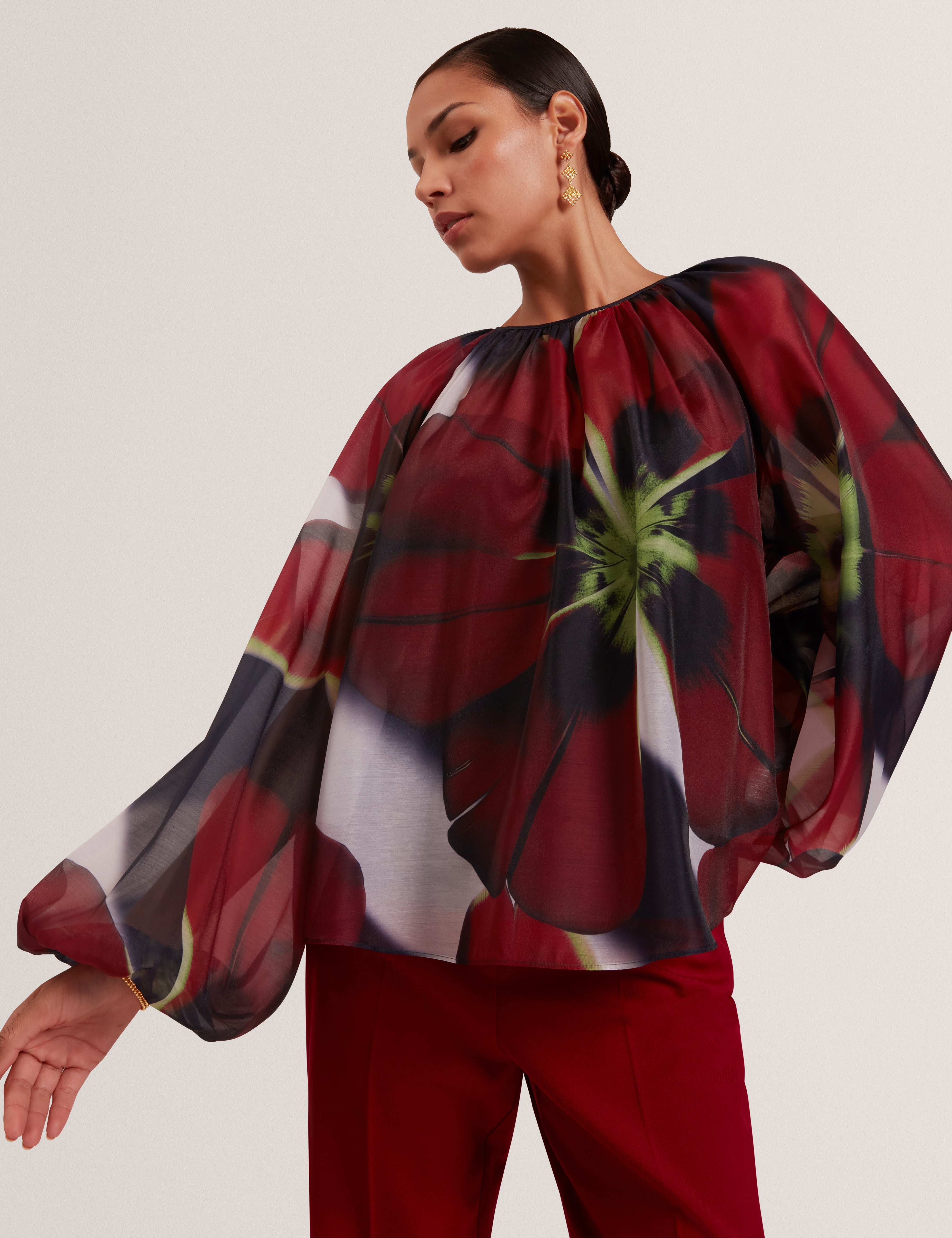 Elaia Printed Organza Puff Sleeve Blouse Navy