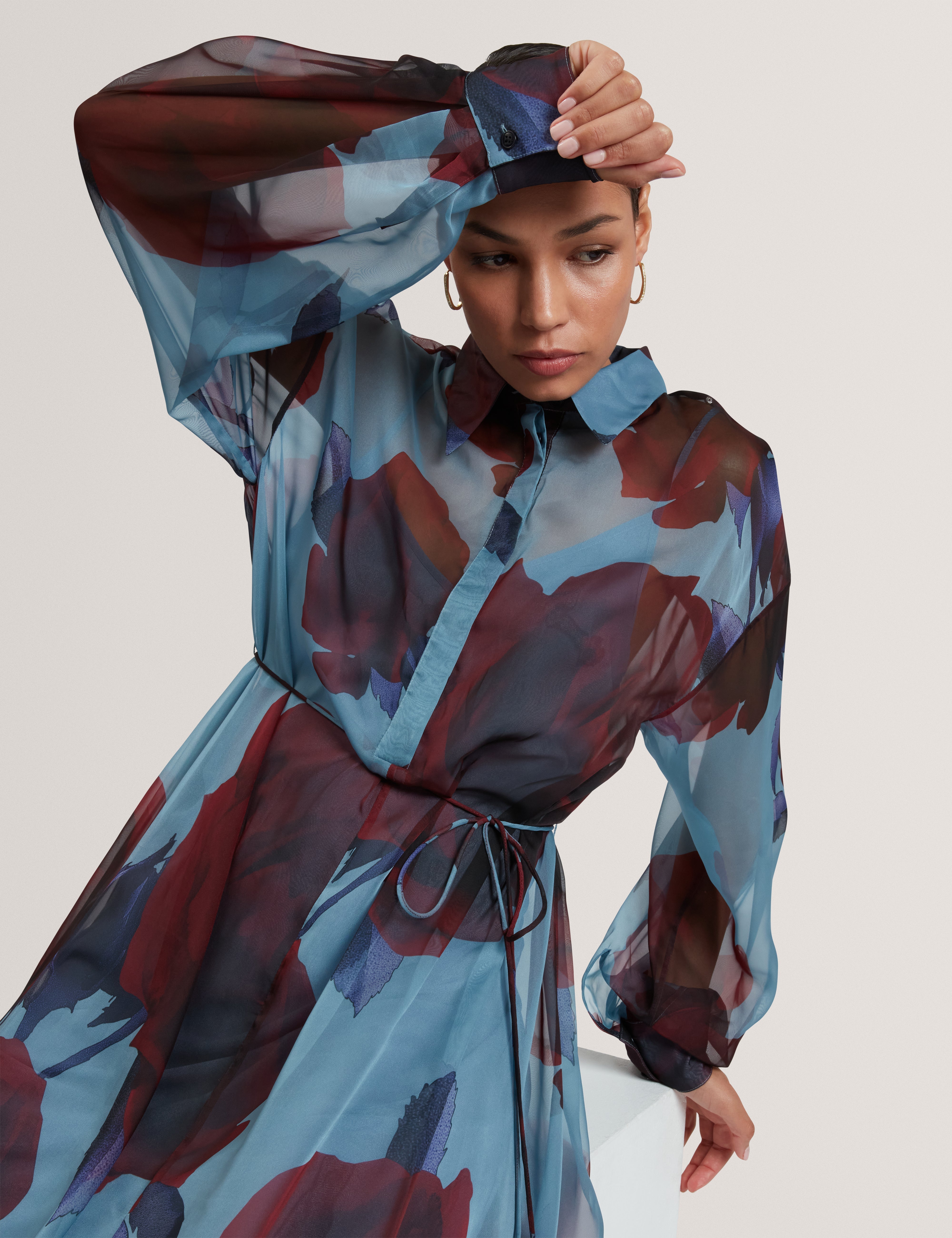 Marrnie Printed Bib Detail Maxi Shirt Dress Lt-Blue