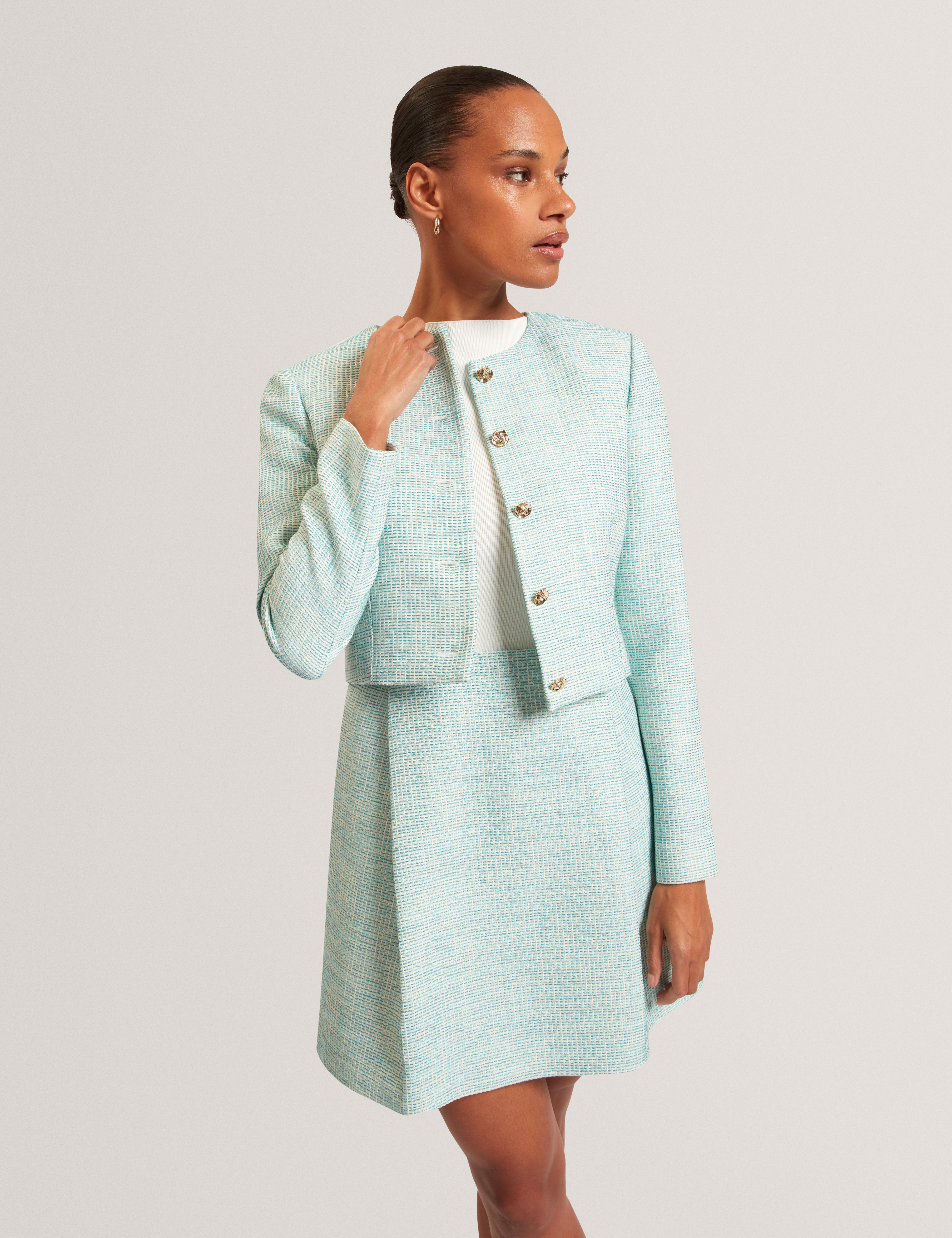 Previa Cropped Tailored Boucle Jacket Mid-Green