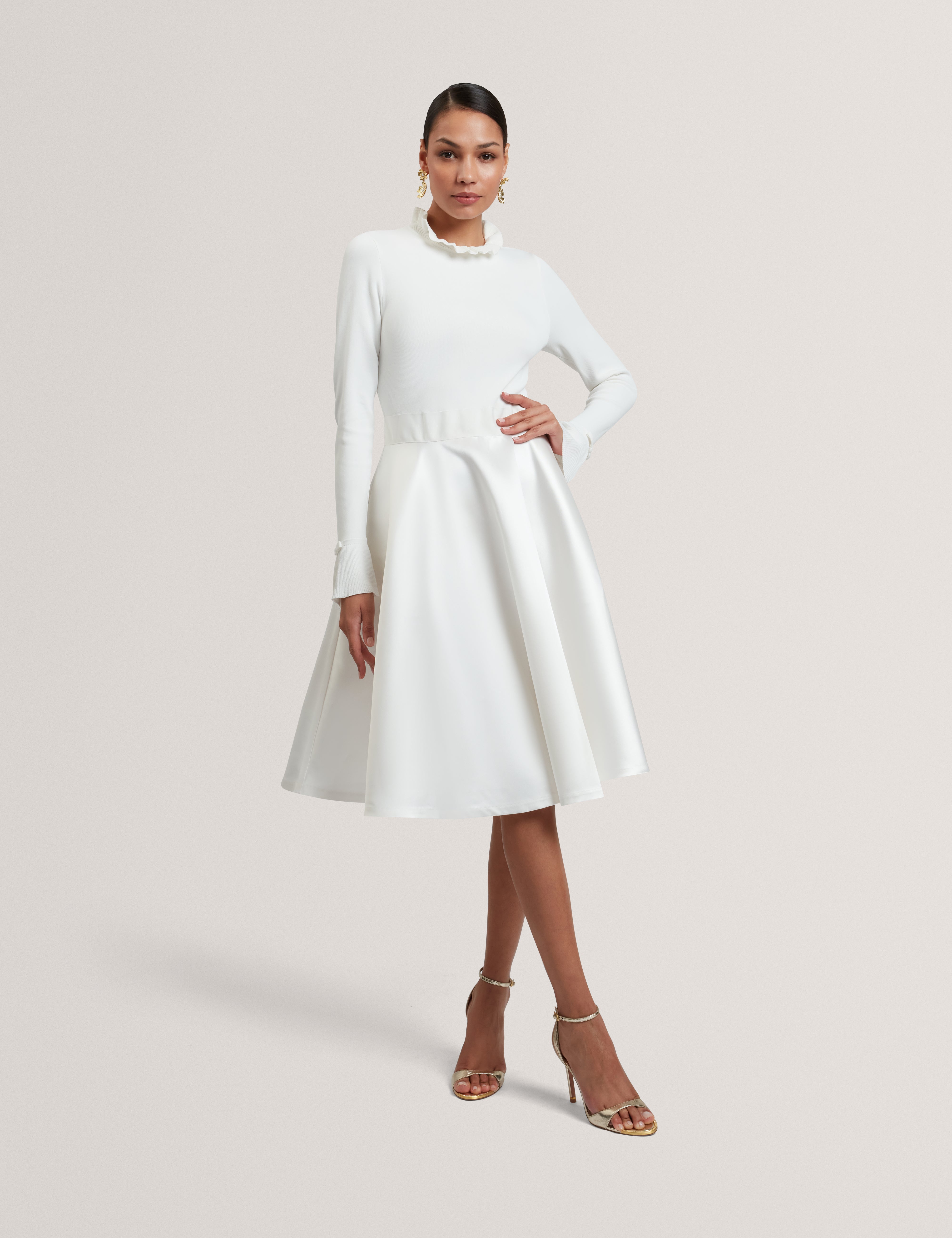 Zadi Knitted Frill Full Skirt Dress Ivory