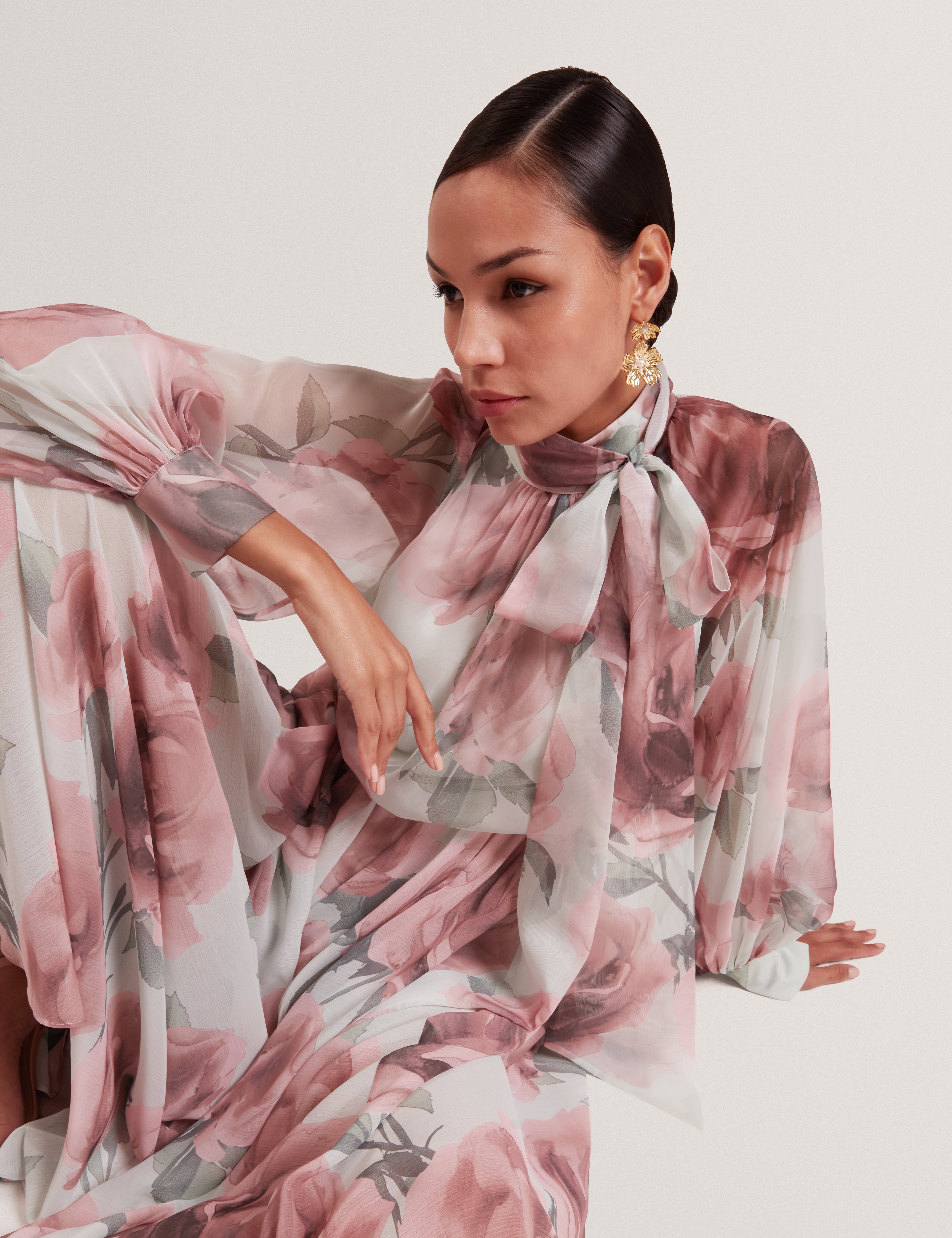 ted baker floral maxi dress Patsie Tie Detail Long Sleeve Floral Maxi Dress Ivory