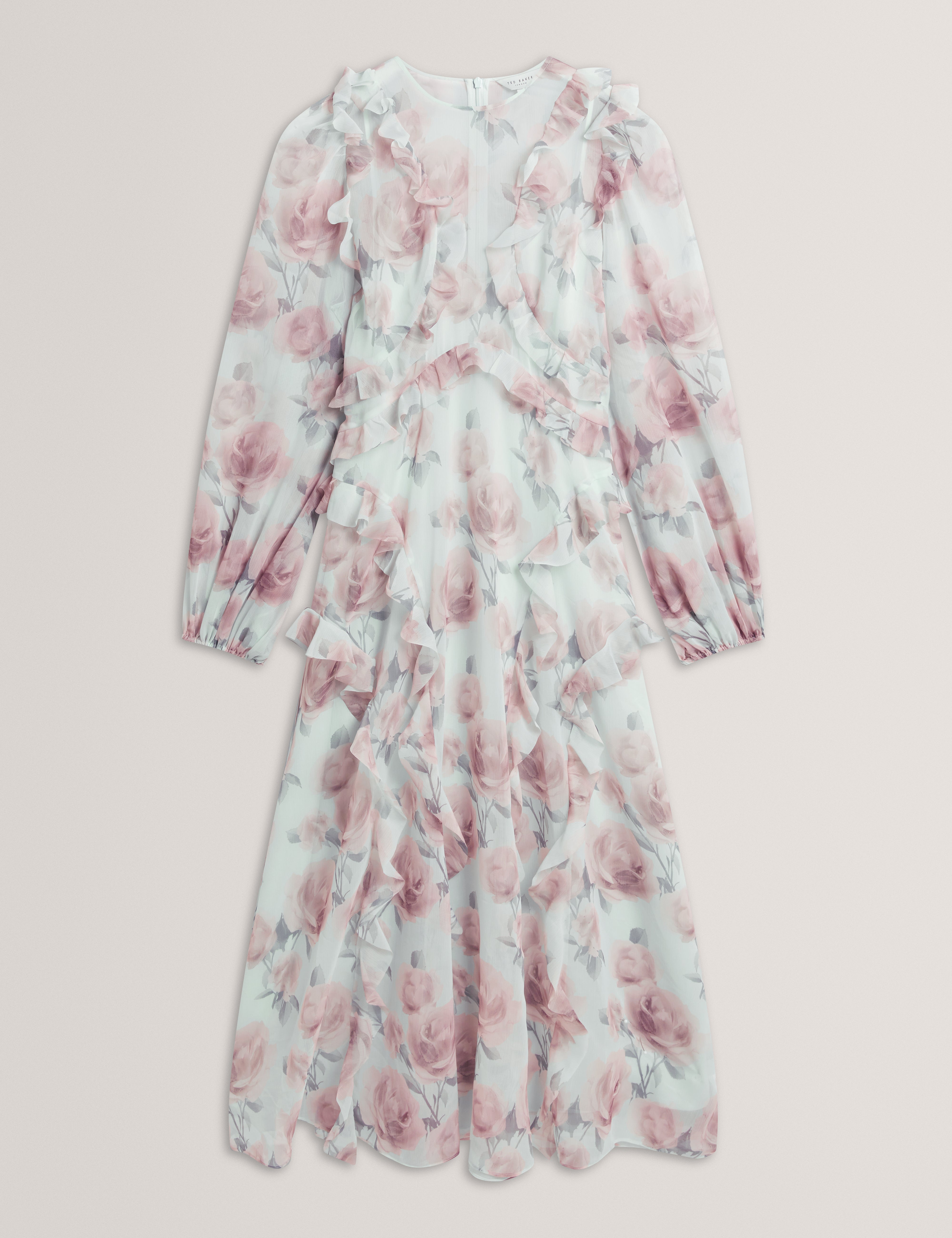 Latiia Long Sleeve Waterfall Ruffle Midi Dress Pl-Green