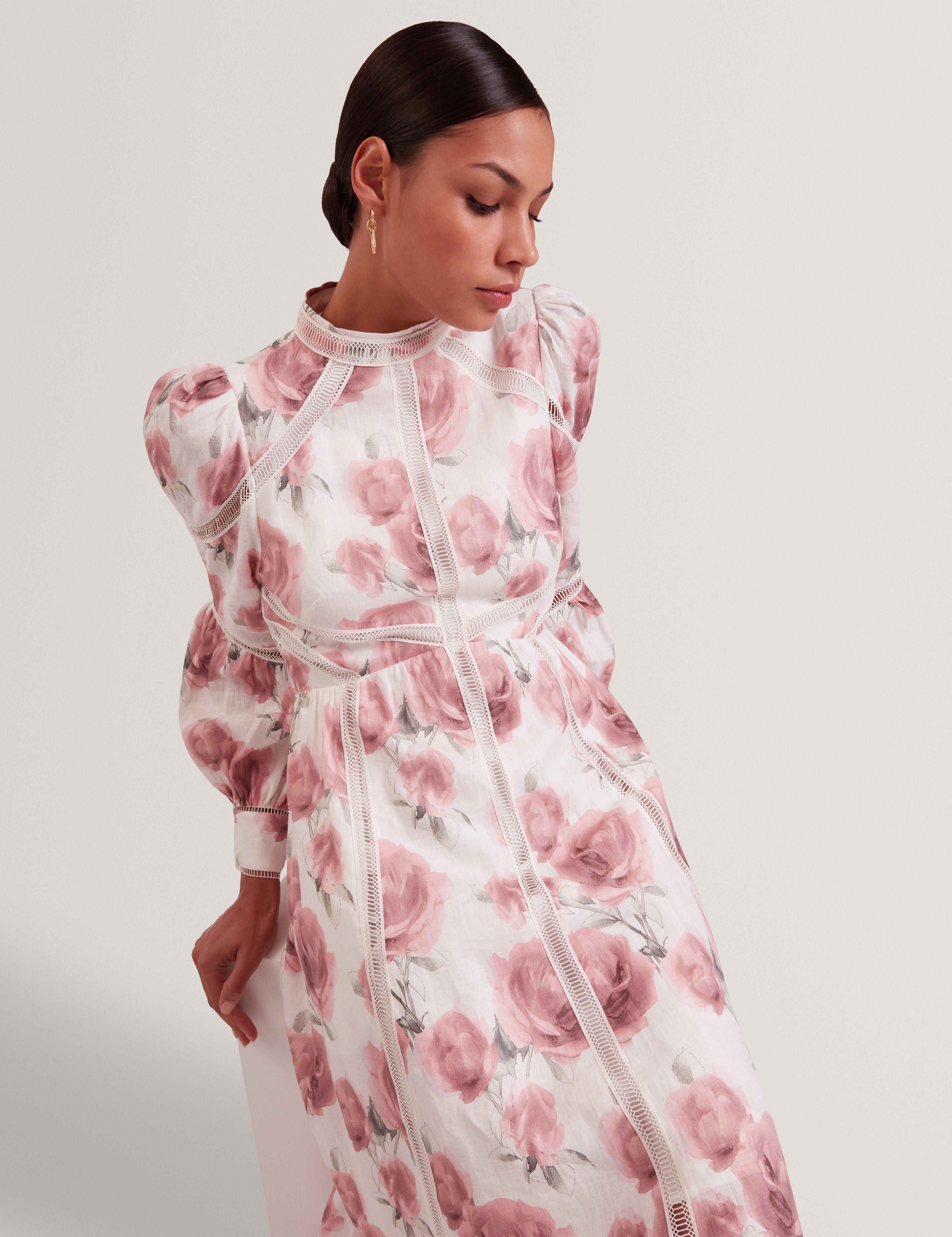 Frilaa Long Sleeve Floral Printed Midi Dress Ivory
