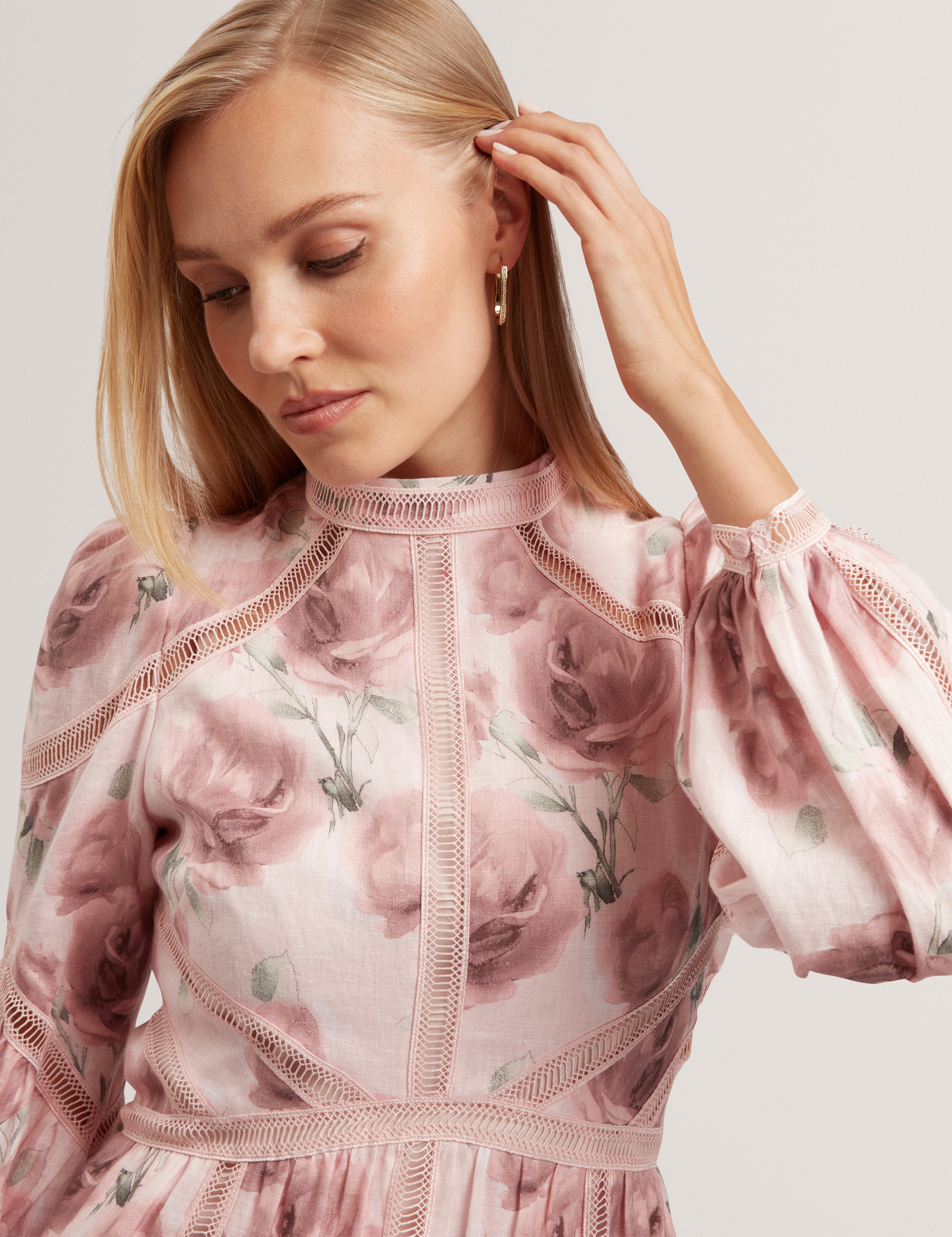 Rolaa Long Sleeve Floral Printed Mini Dress Pink