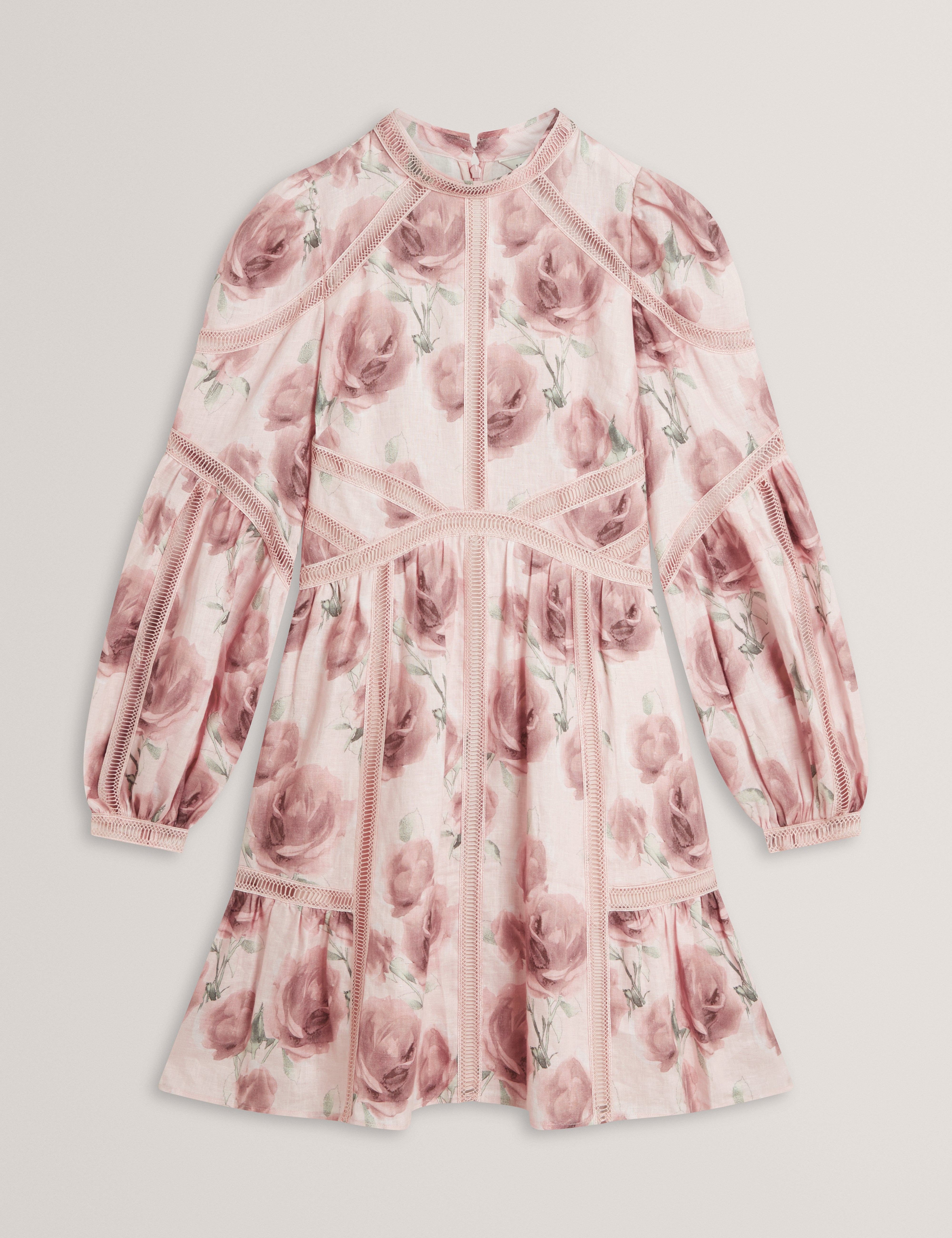 Rolaa Long Sleeve Floral Printed Mini Dress Pink