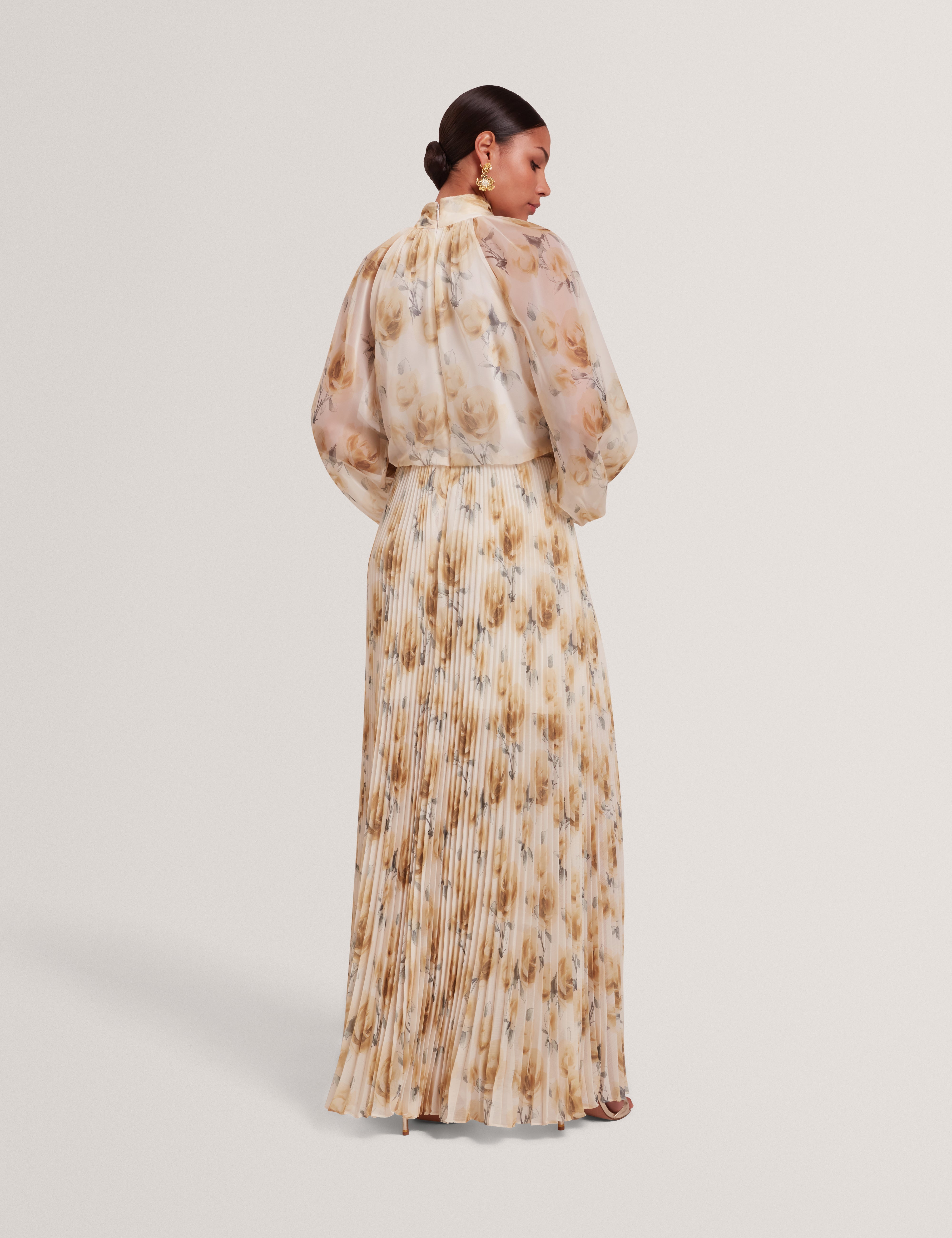 Patsie Tie Detail Long Sleeve Floral Maxi Dress Ivory