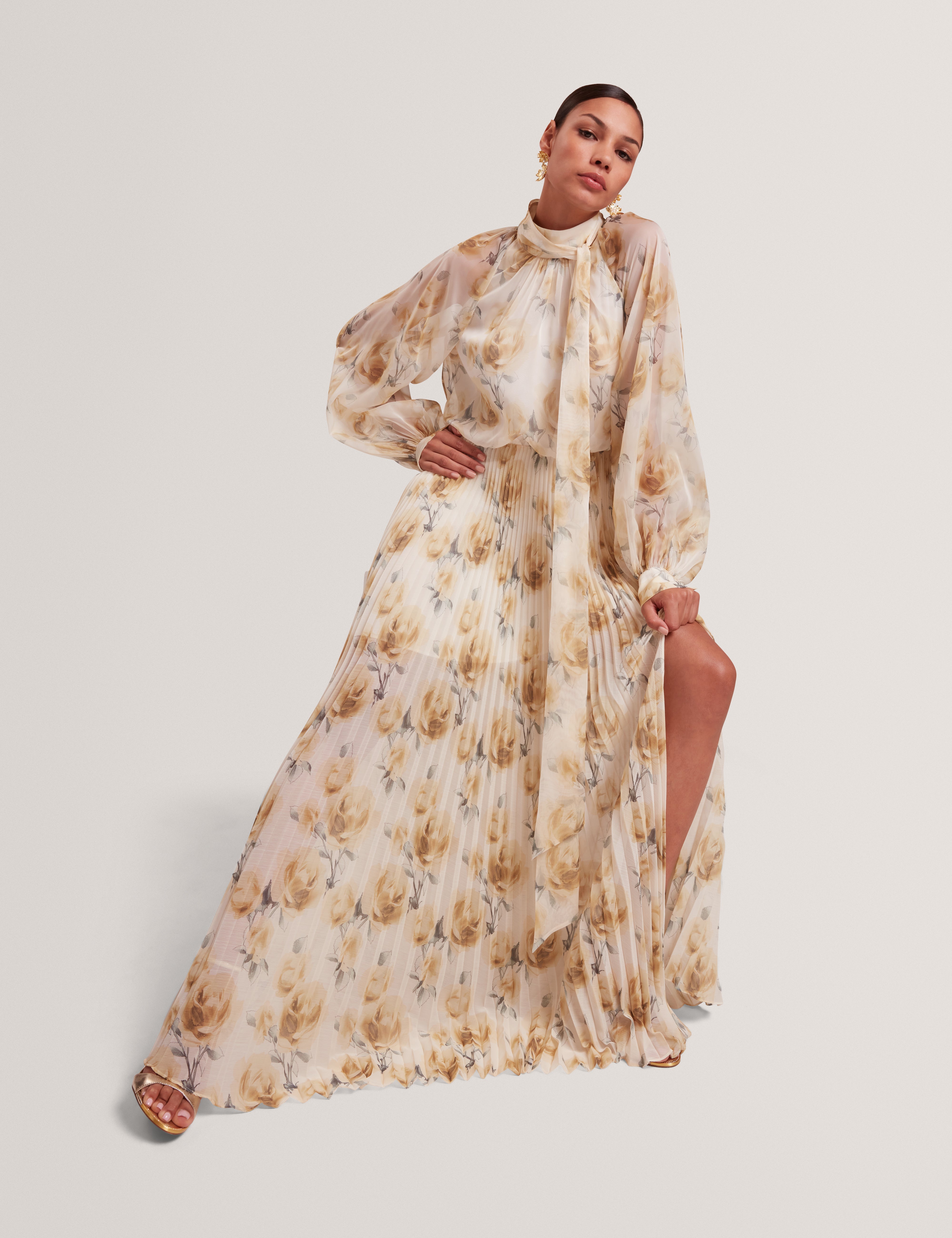 Patsie Tie Detail Long Sleeve Floral Maxi Dress Ivory