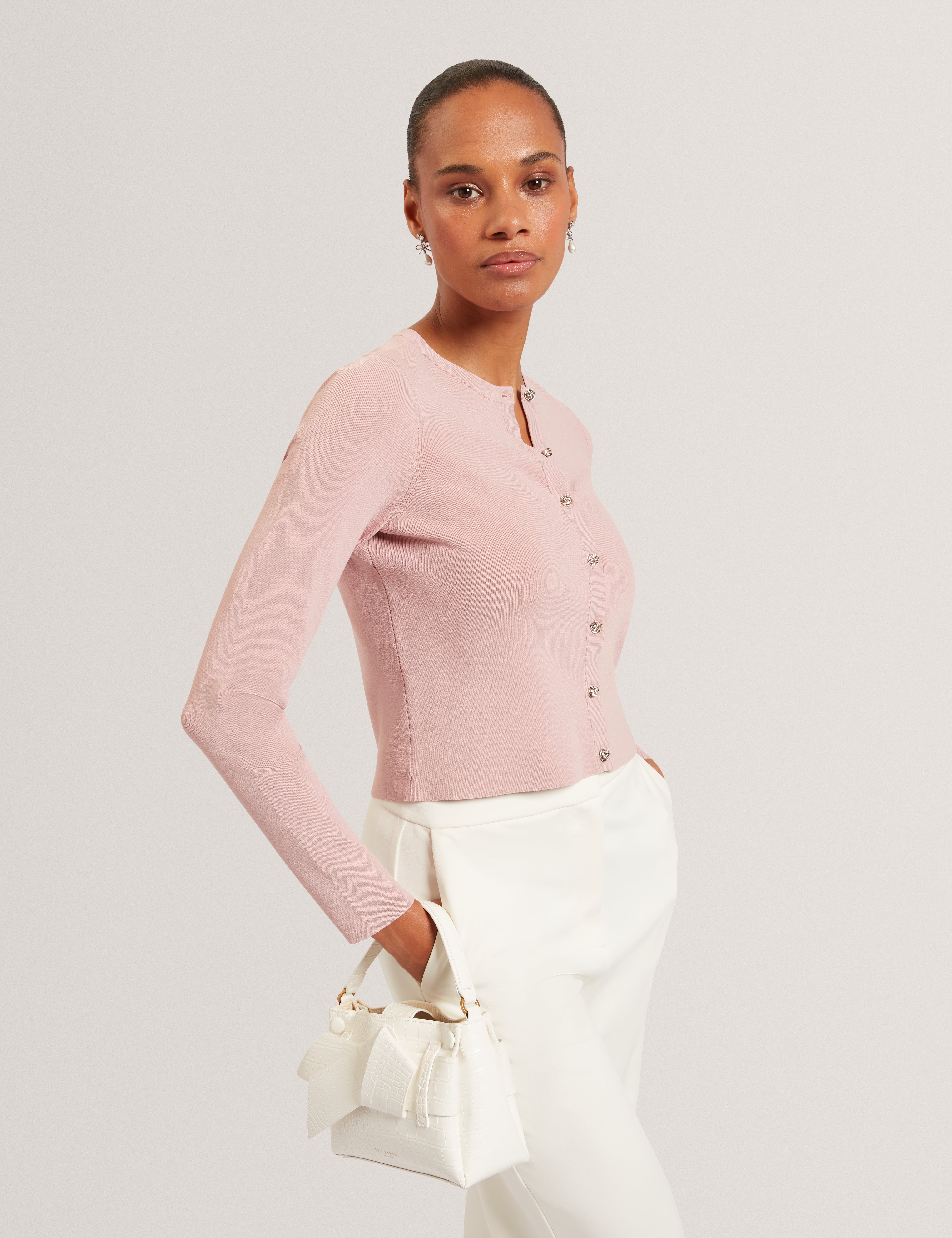 Vedla Cropped Crew Neck Cardigan Pink