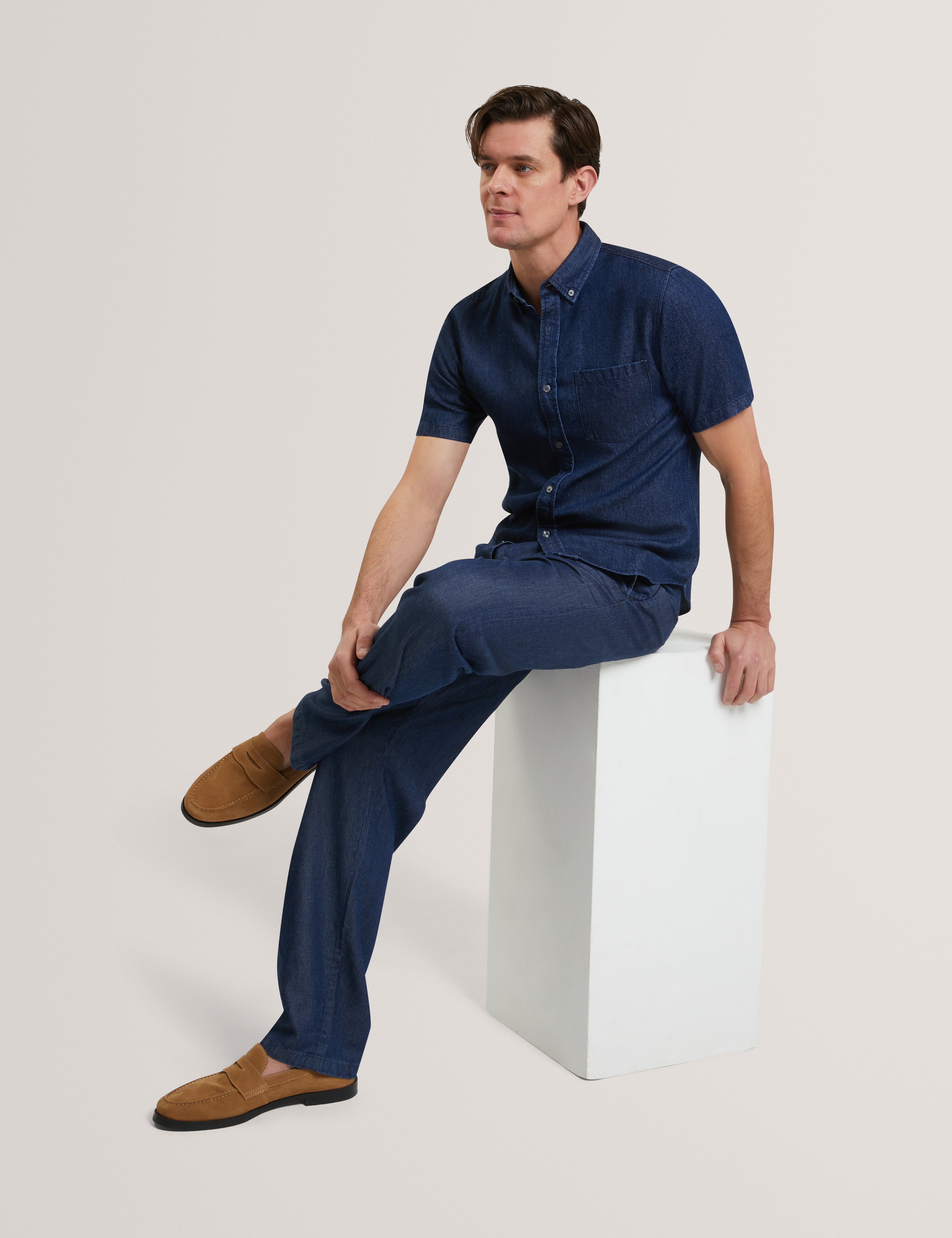 Ganmo Relaxed Pull-On Tencel Chambray Trouser Navy-Blue